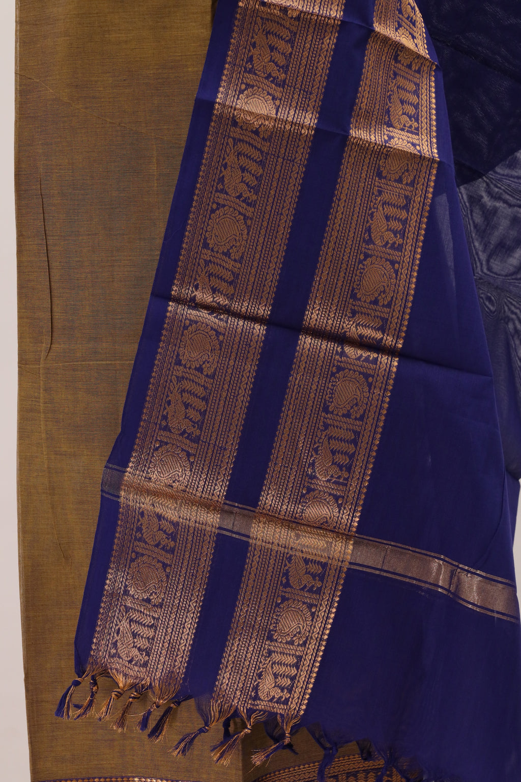 Olive Green with Blue and Golden Border Chettinad Cotton Unstitched Salwar Suit - #NC087