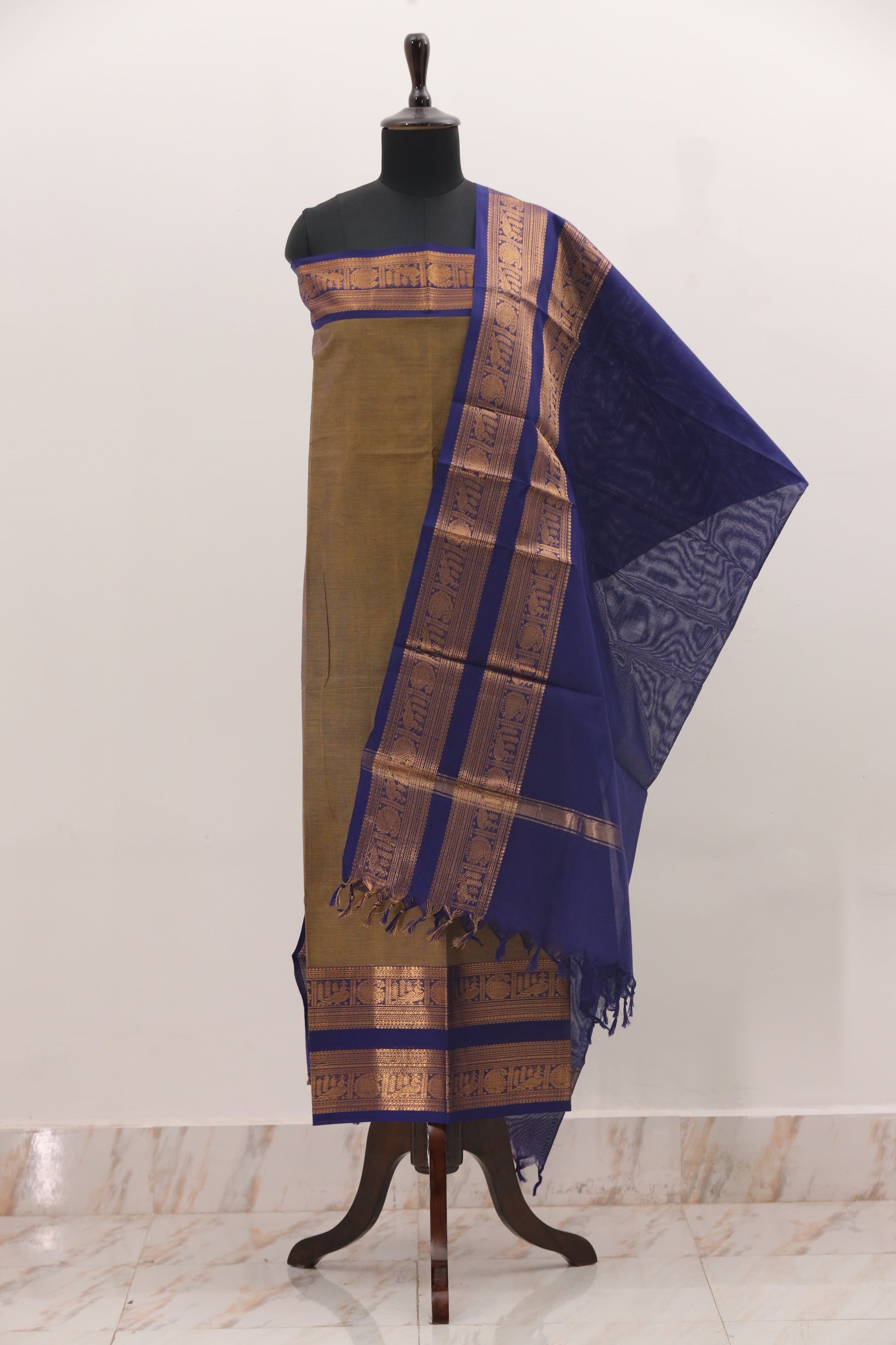 Olive Green with Blue and Golden Border Chettinad Cotton Unstitched Salwar Suit - #NC087