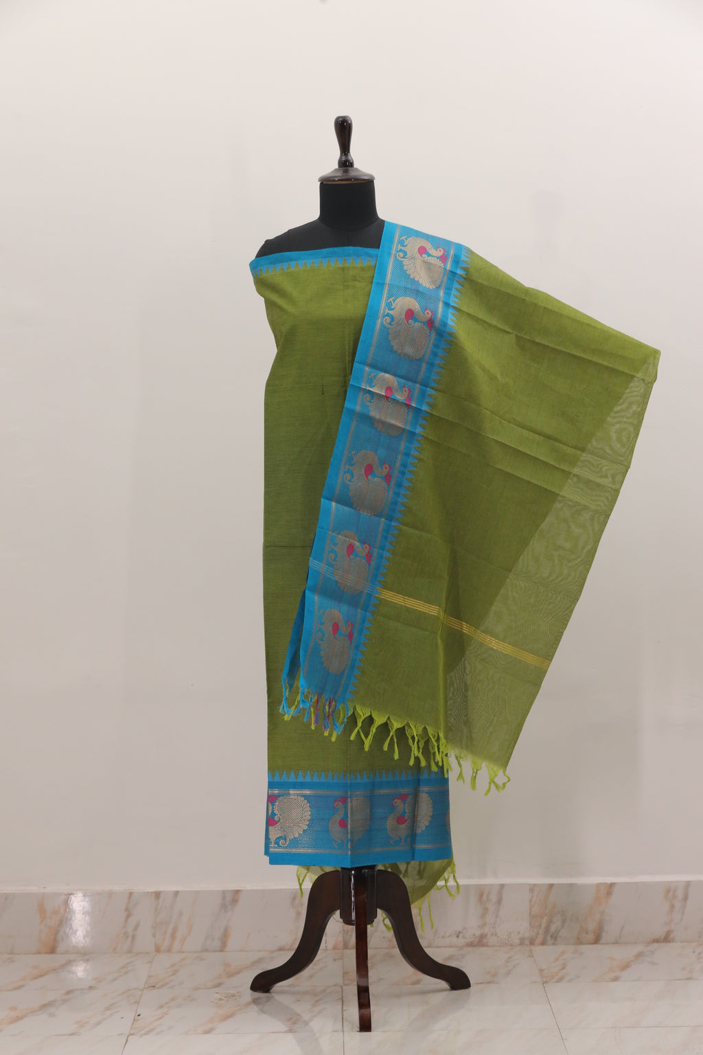 Ilai Green with Skyblue Border Chettinad Cotton Unstitched Salwar Suit - #NC088