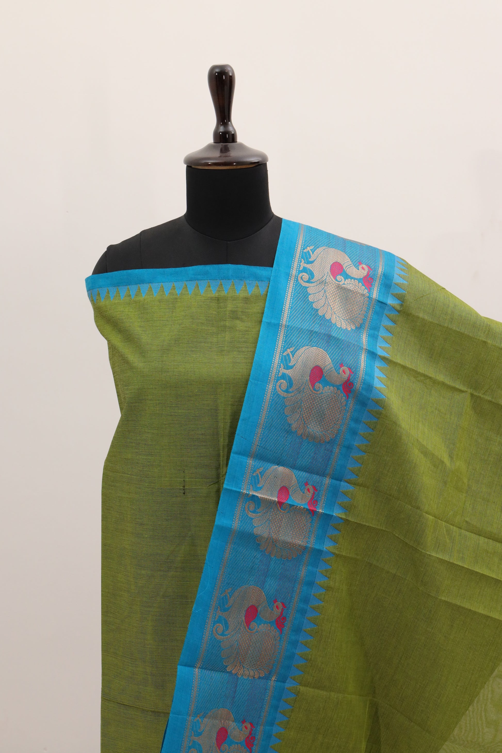 Ilai Green with Skyblue Border Chettinad Cotton Unstitched Salwar Suit - #NC088