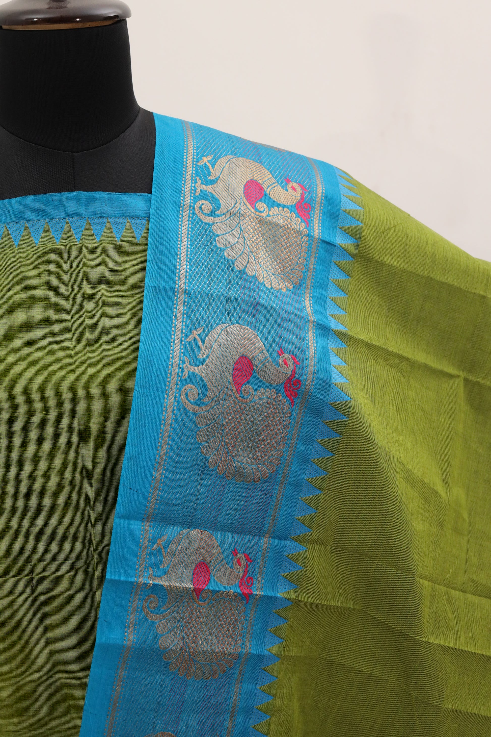 Ilai Green with Skyblue Border Chettinad Cotton Unstitched Salwar Suit - #NC088