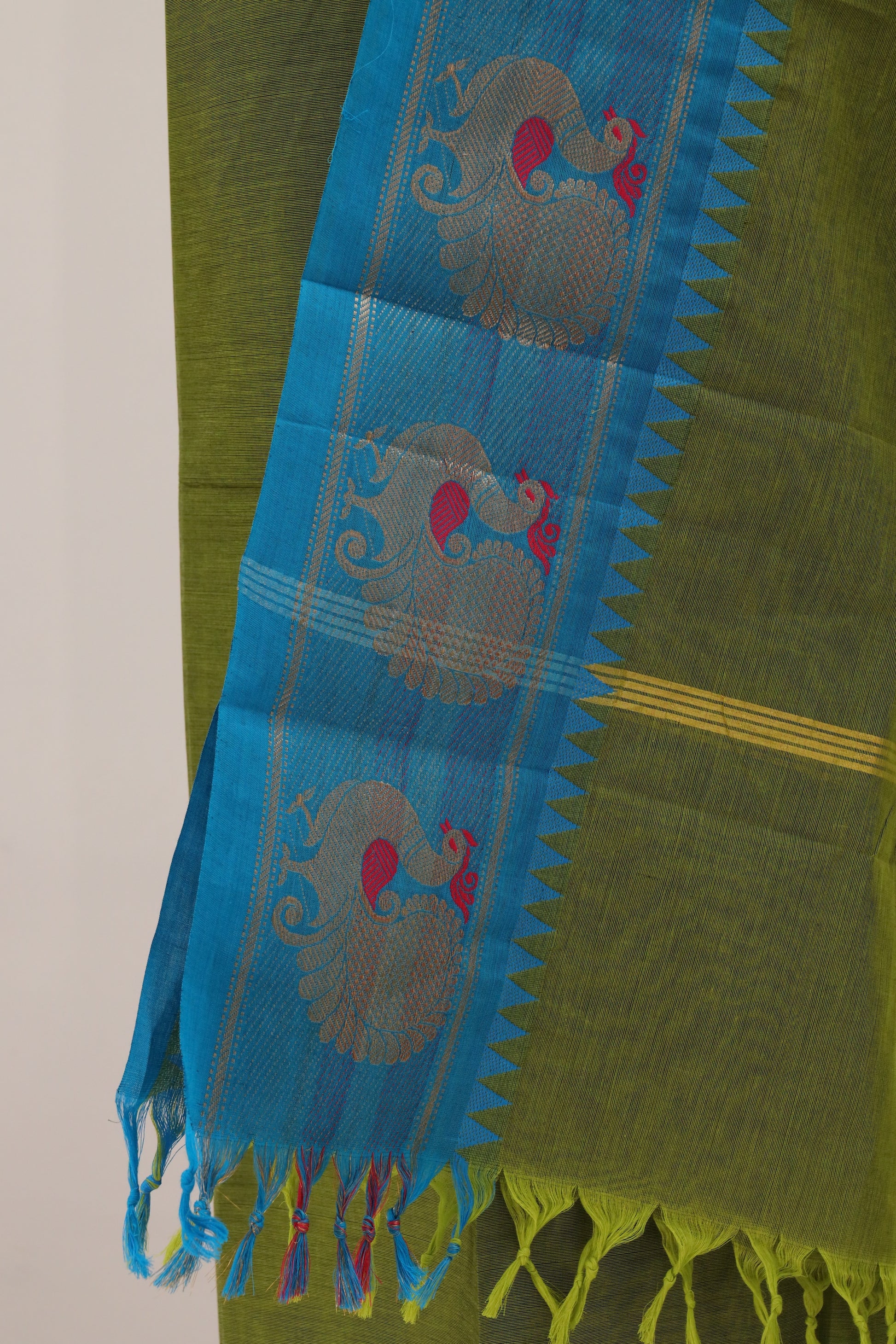 Ilai Green with Skyblue Border Chettinad Cotton Unstitched Salwar Suit - #NC088