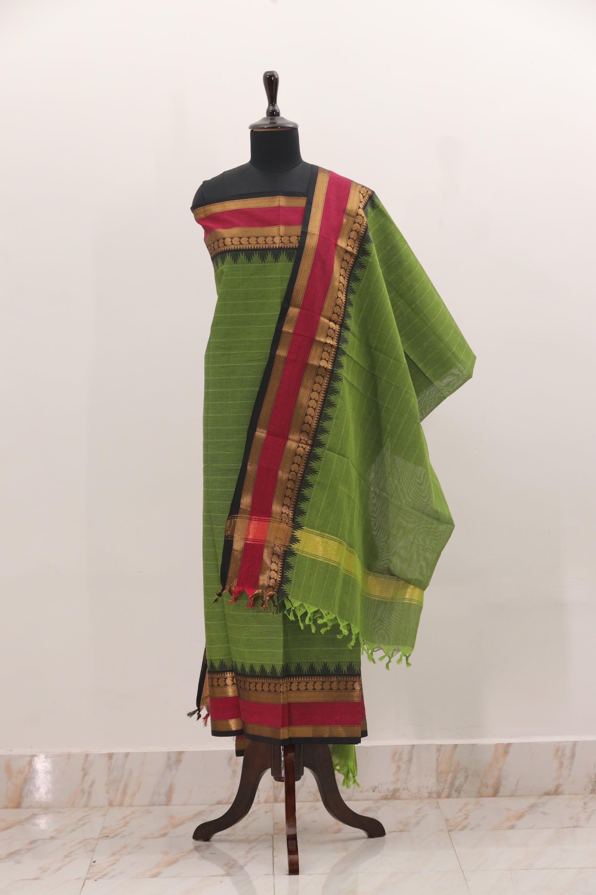 Green with Multi color Border Chettinad Cotton Unstitched Salwar Suit - #NC089
