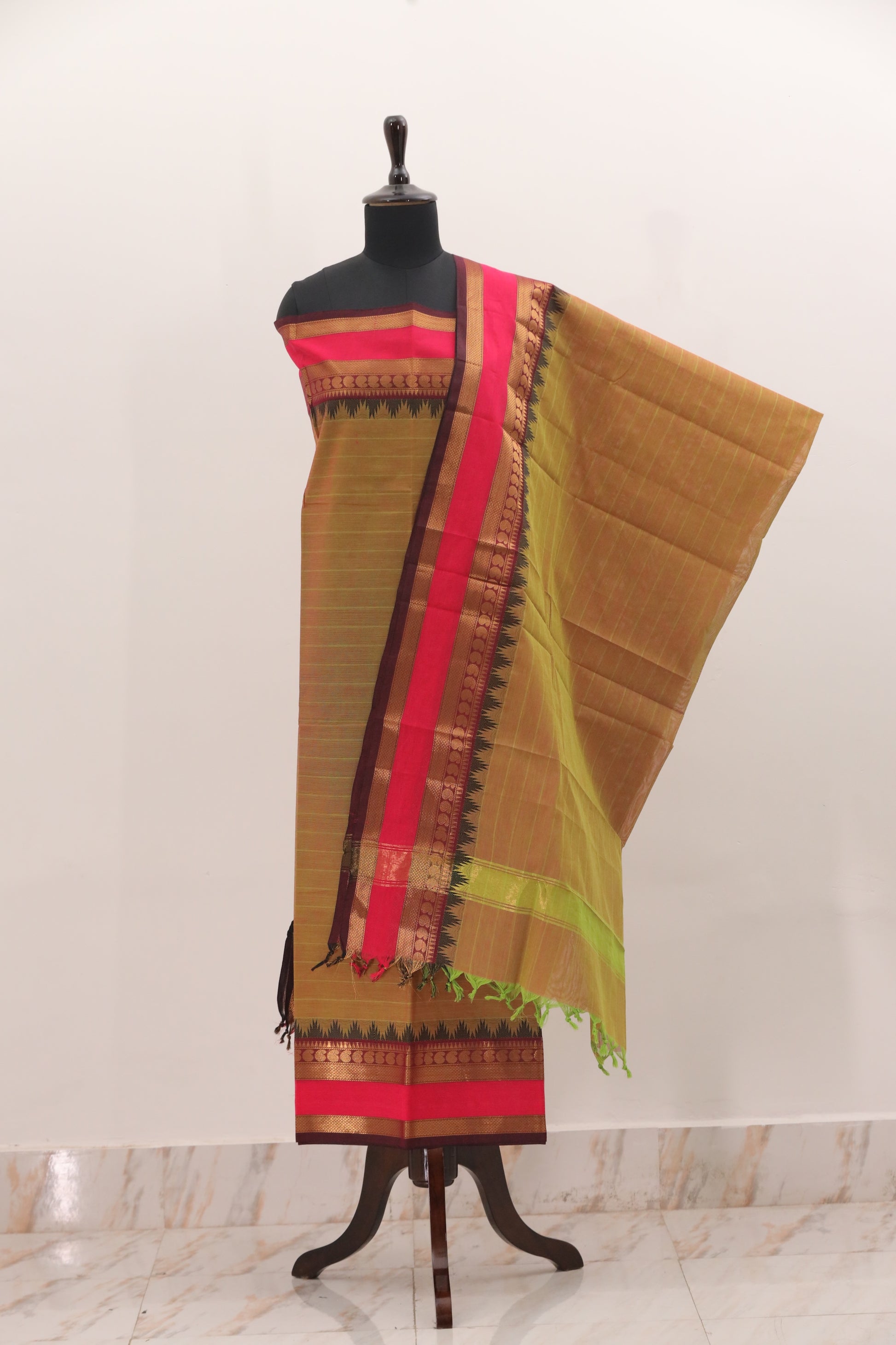 Fenugreek Green with Multi color Border Chettinad Cotton Unstitched Salwar Suit - #NC090