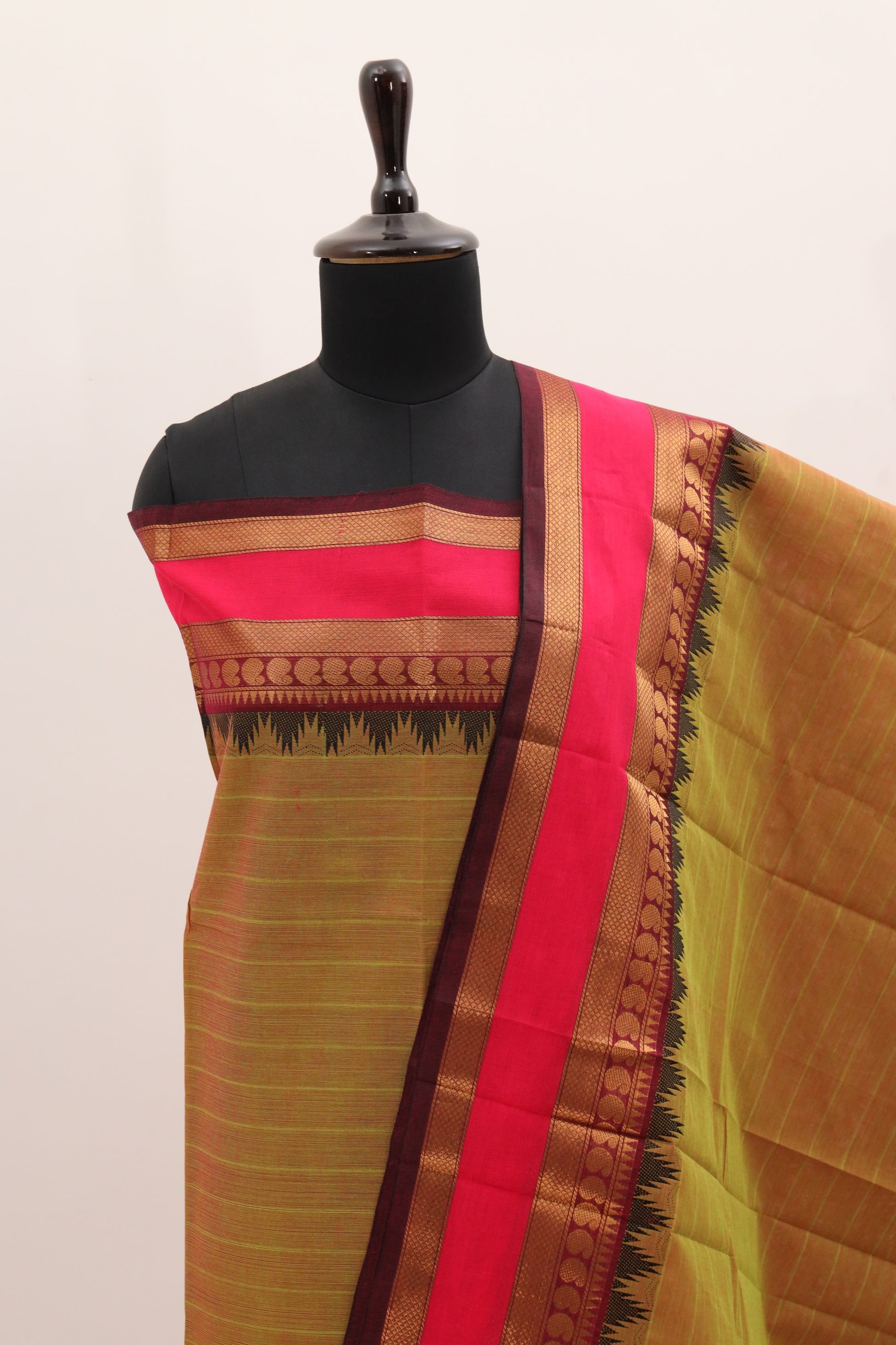 Fenugreek Green with Multi color Border Chettinad Cotton Unstitched Salwar Suit - #NC090