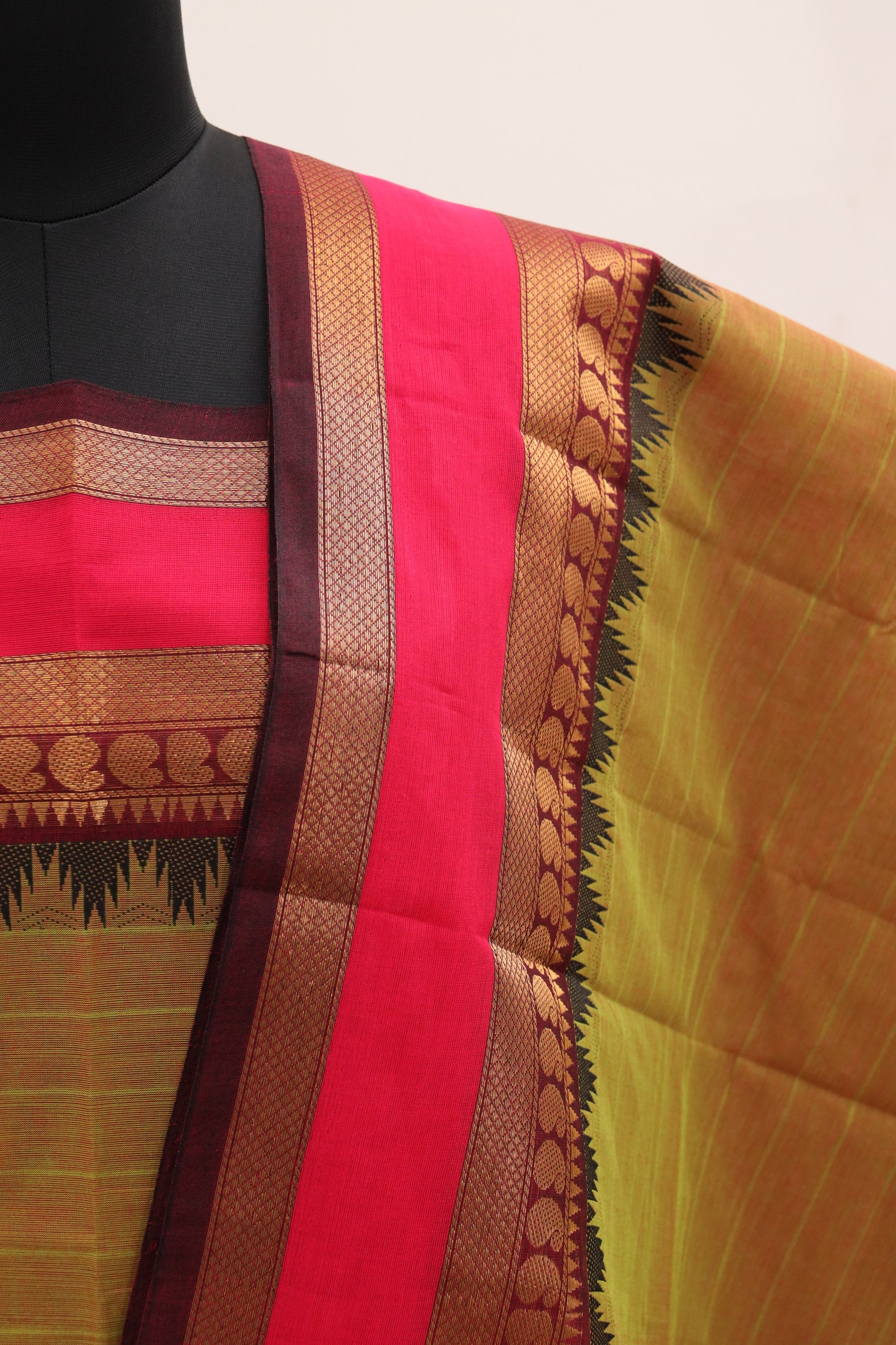 Fenugreek Green with Multi color Border Chettinad Cotton Unstitched Salwar Suit - #NC090