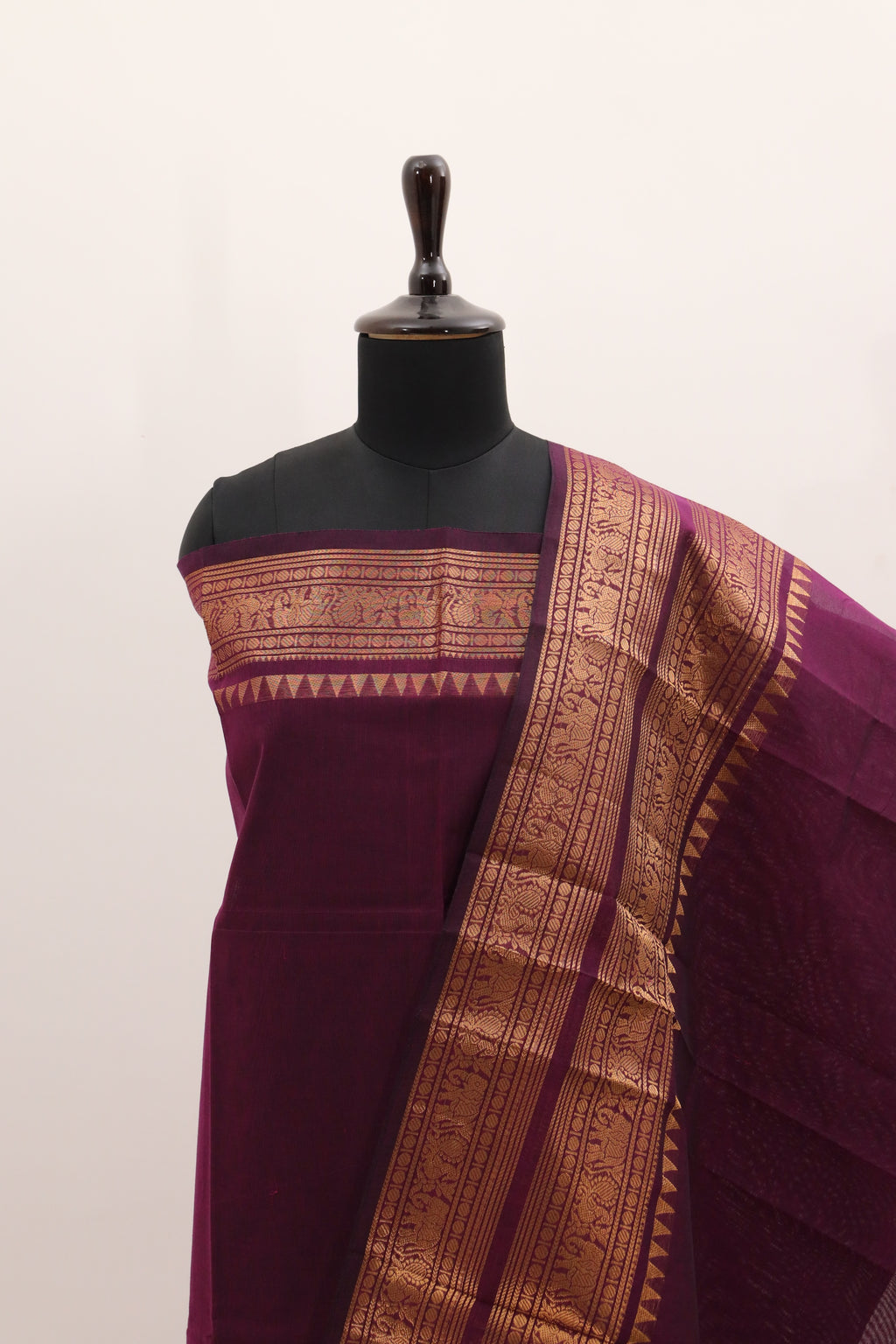 Wine color with Golden Border Chettinad Cotton Unstitched Salwar Suit - #NC091