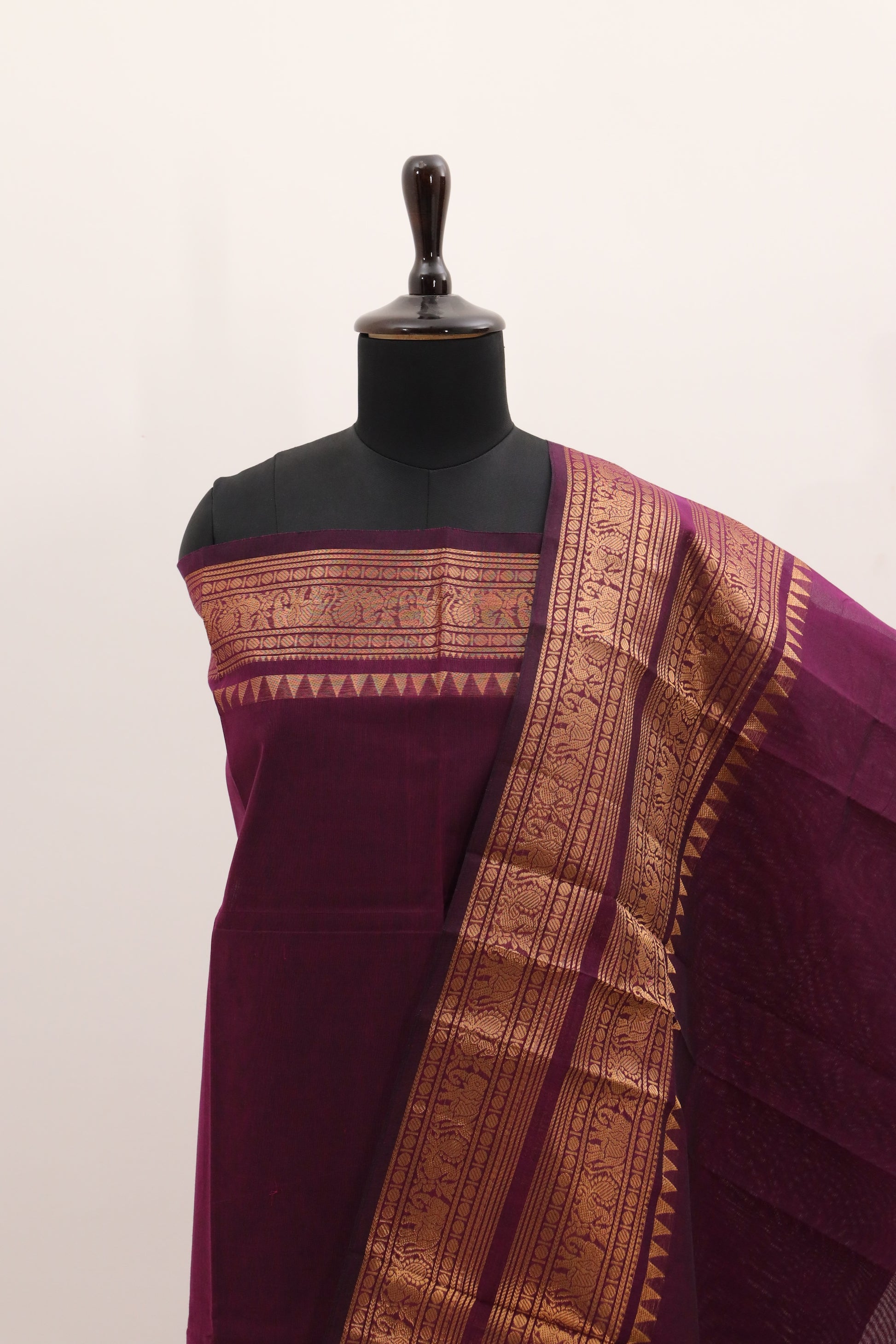 Wine color with Golden Border Chettinad Cotton Unstitched Salwar Suit - #NC091