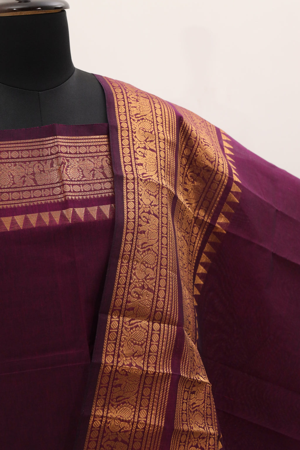 Wine color with Golden Border Chettinad Cotton Unstitched Salwar Suit - #NC091