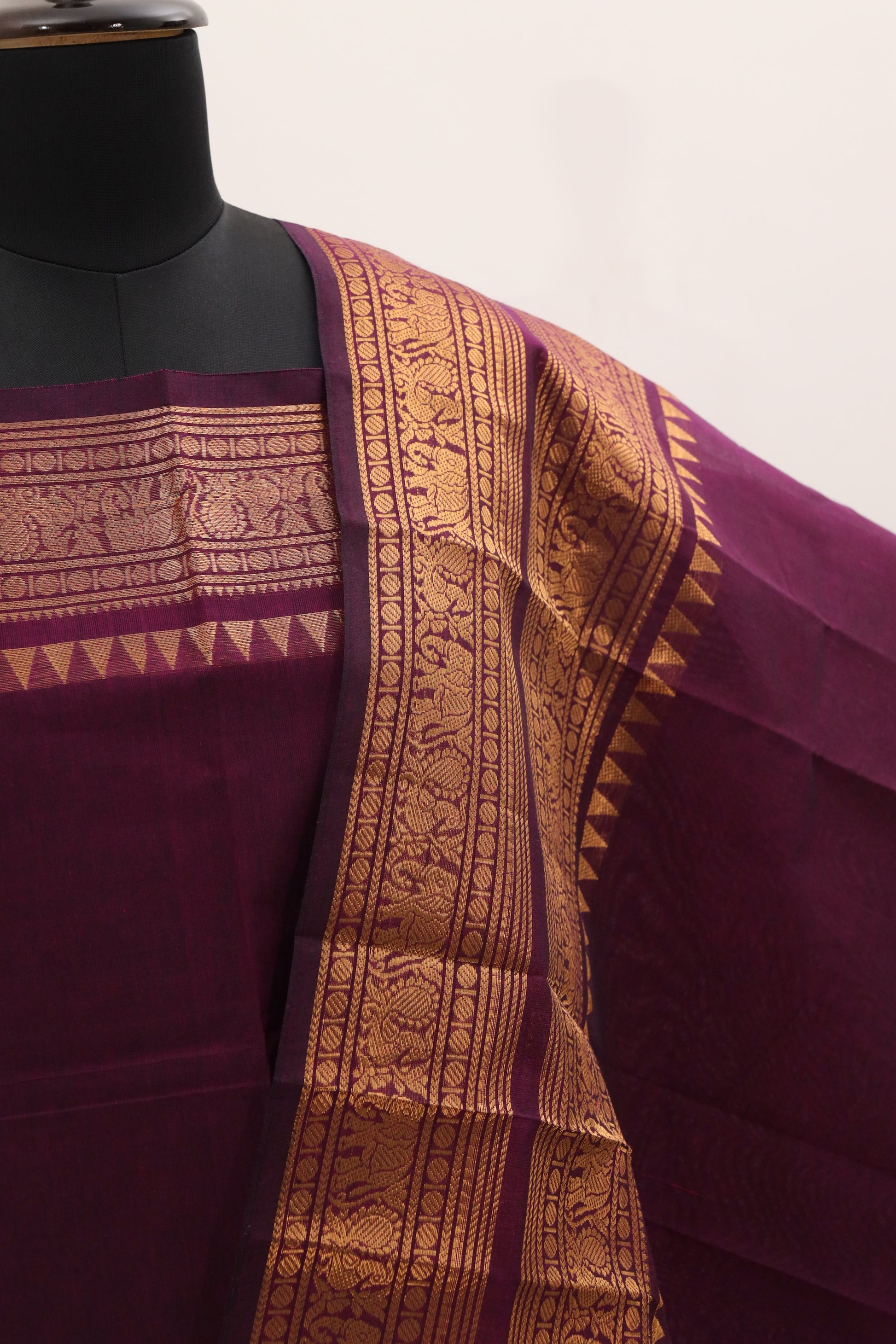 Wine color with Golden Border Chettinad Cotton Unstitched Salwar Suit - #NC091