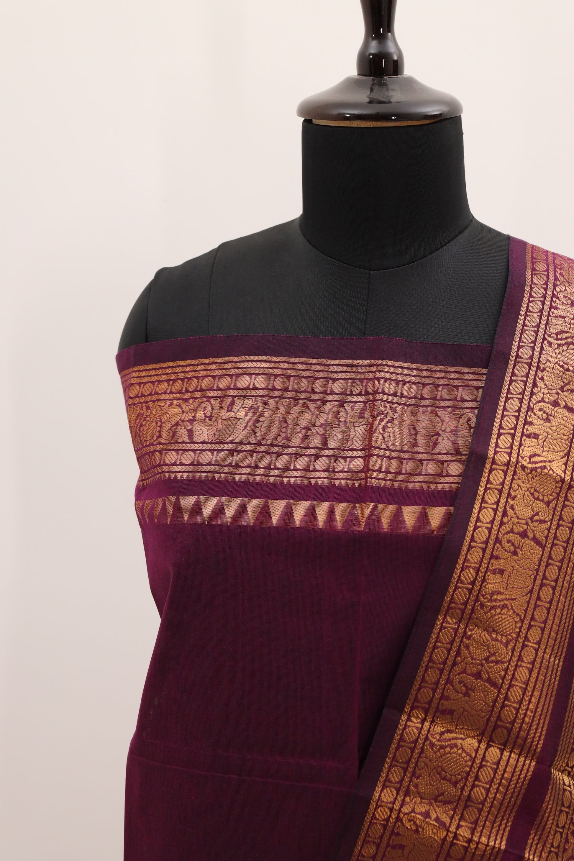 Wine color with Golden Border Chettinad Cotton Unstitched Salwar Suit - #NC091
