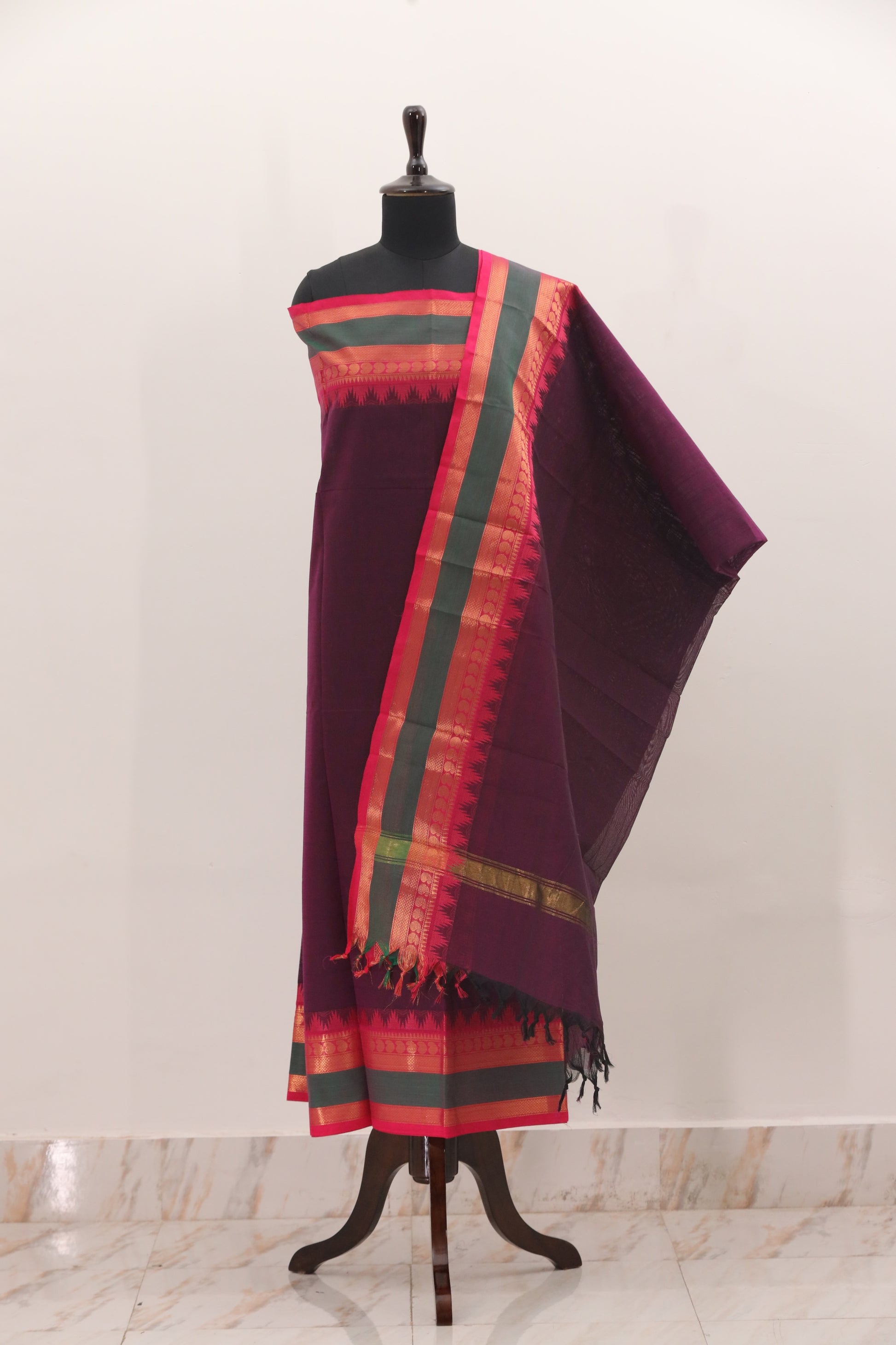 Grapes with Multi color Border Chettinad Cotton Unstitched Salwar Suit - #NC092