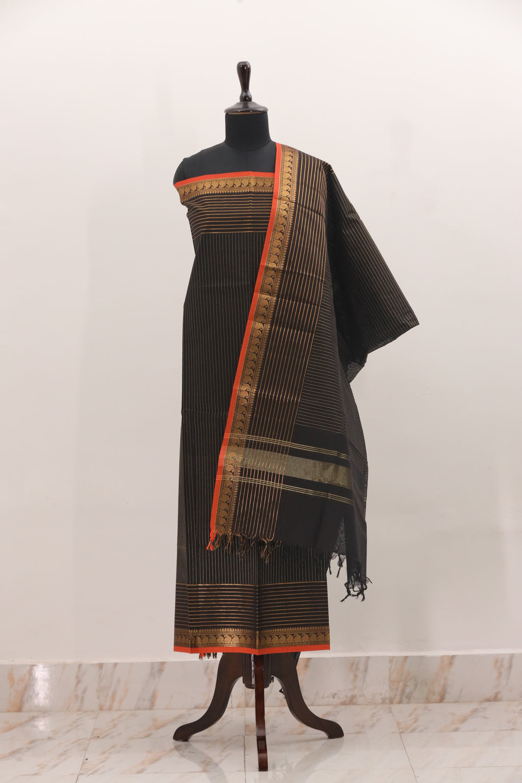 Black with Orange Border Chettinad Cotton Unstitched Salwar Suit - #NC093