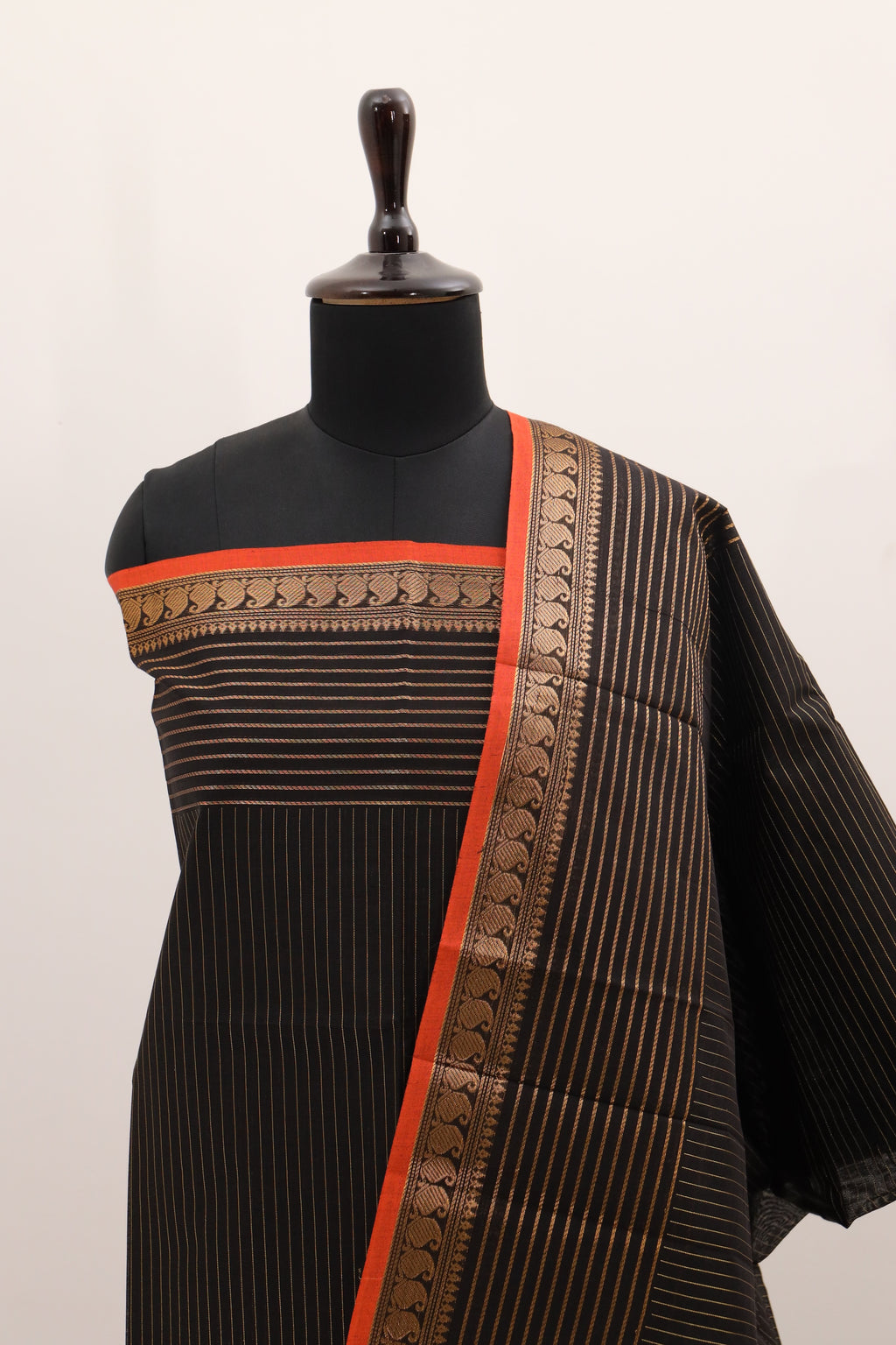 Black with Orange Border Chettinad Cotton Unstitched Salwar Suit - #NC093
