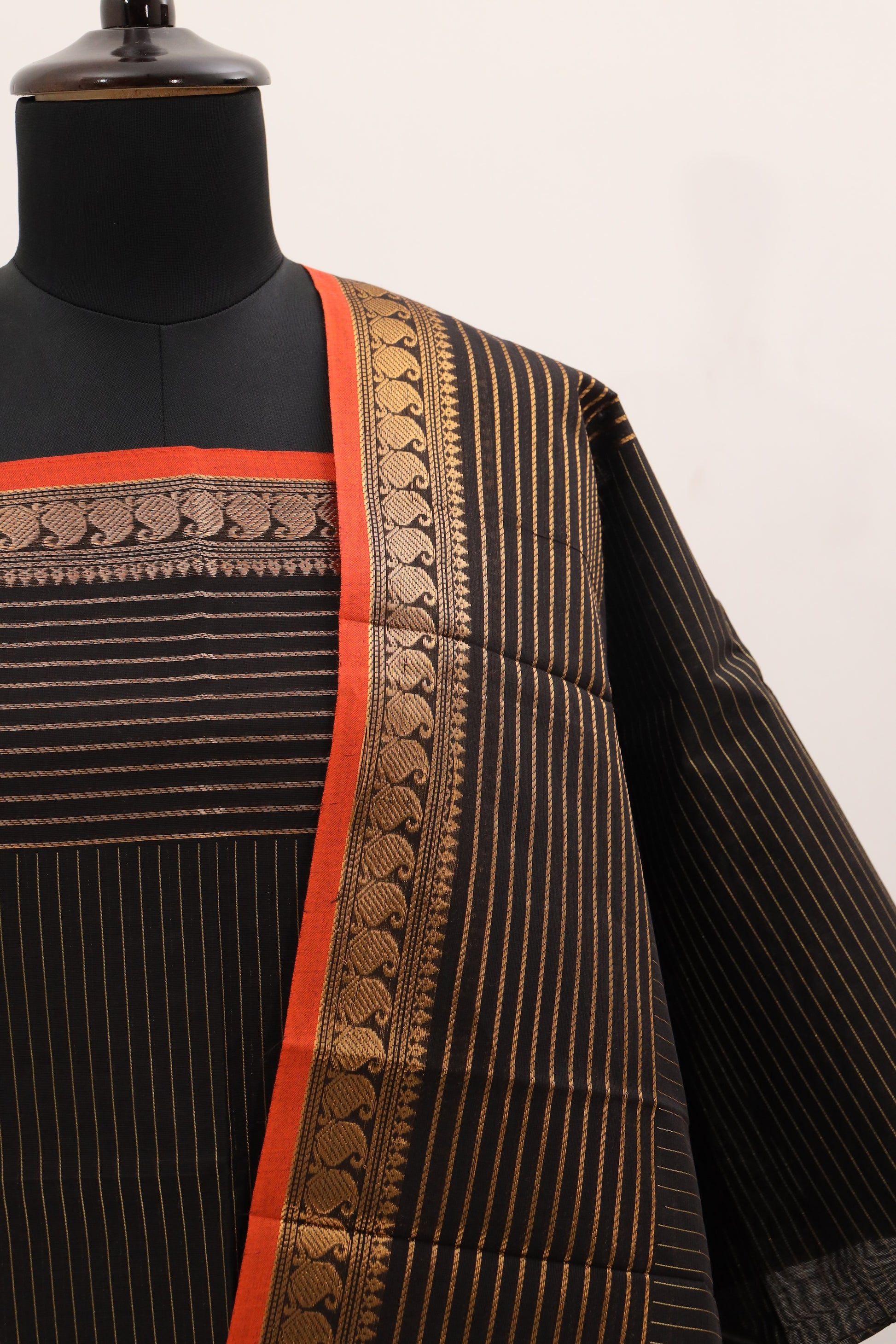 Black with Orange Border Chettinad Cotton Unstitched Salwar Suit - #NC093
