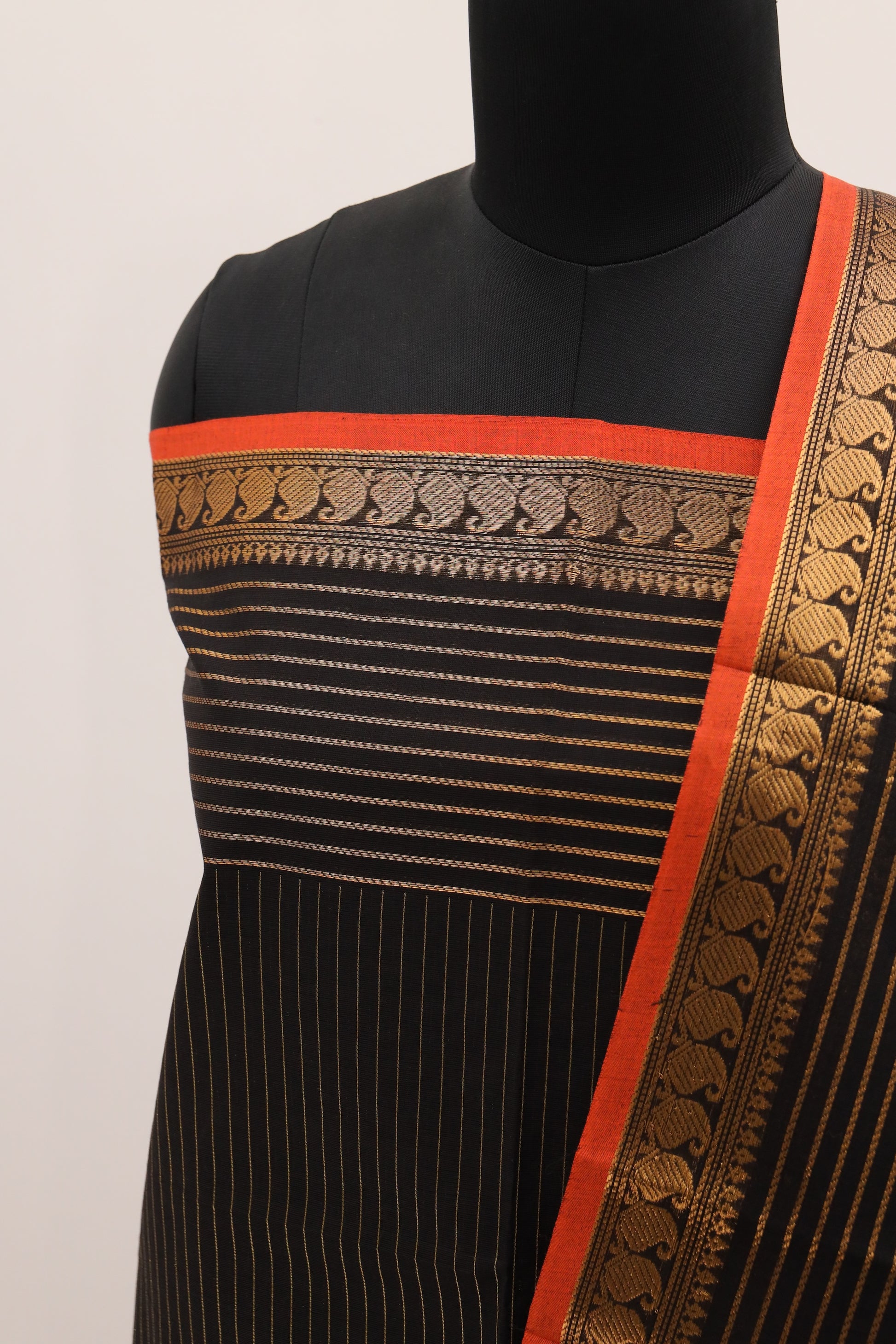 Black with Orange Border Chettinad Cotton Unstitched Salwar Suit - #NC093