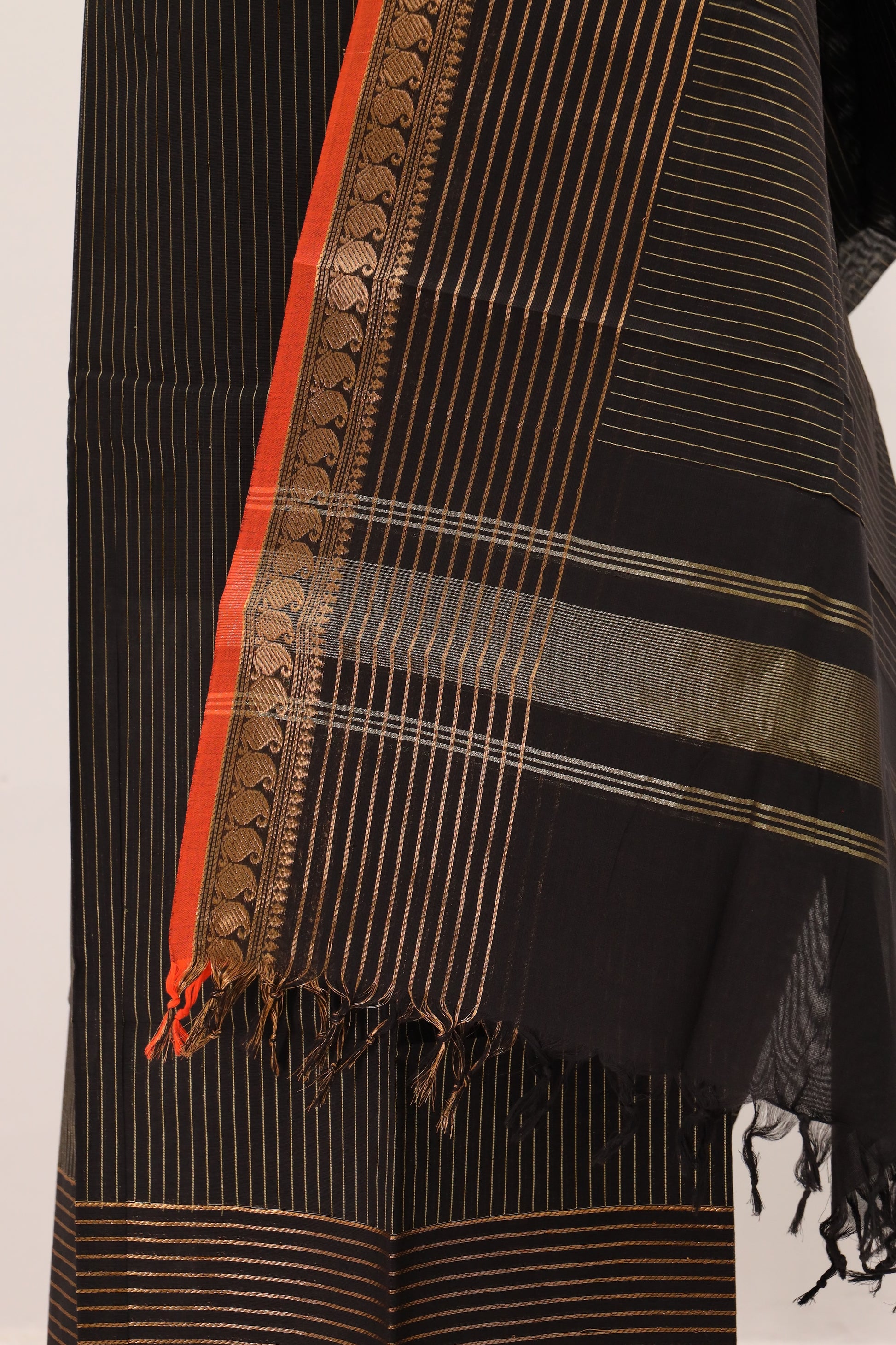 Black with Orange Border Chettinad Cotton Unstitched Salwar Suit - #NC093