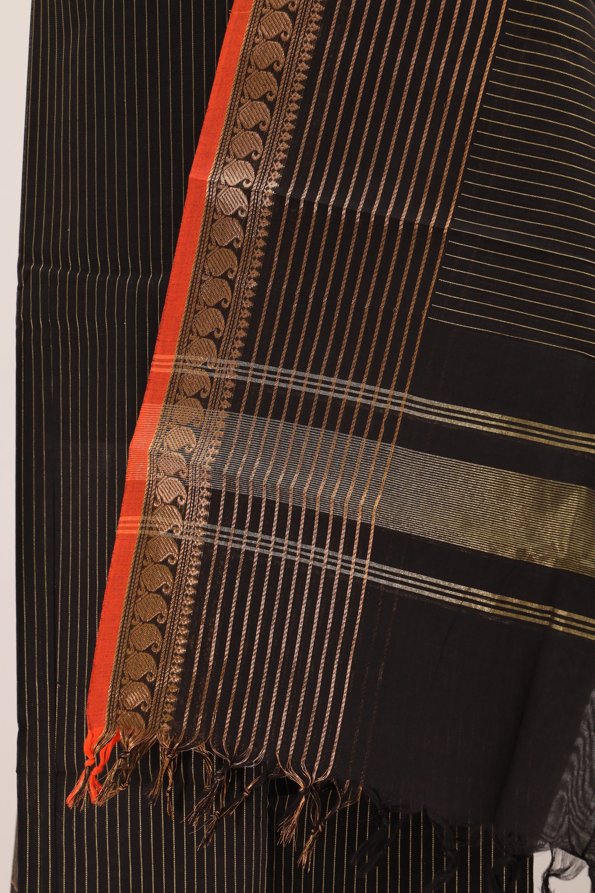 Black with Orange Border Chettinad Cotton Unstitched Salwar Suit - #NC093