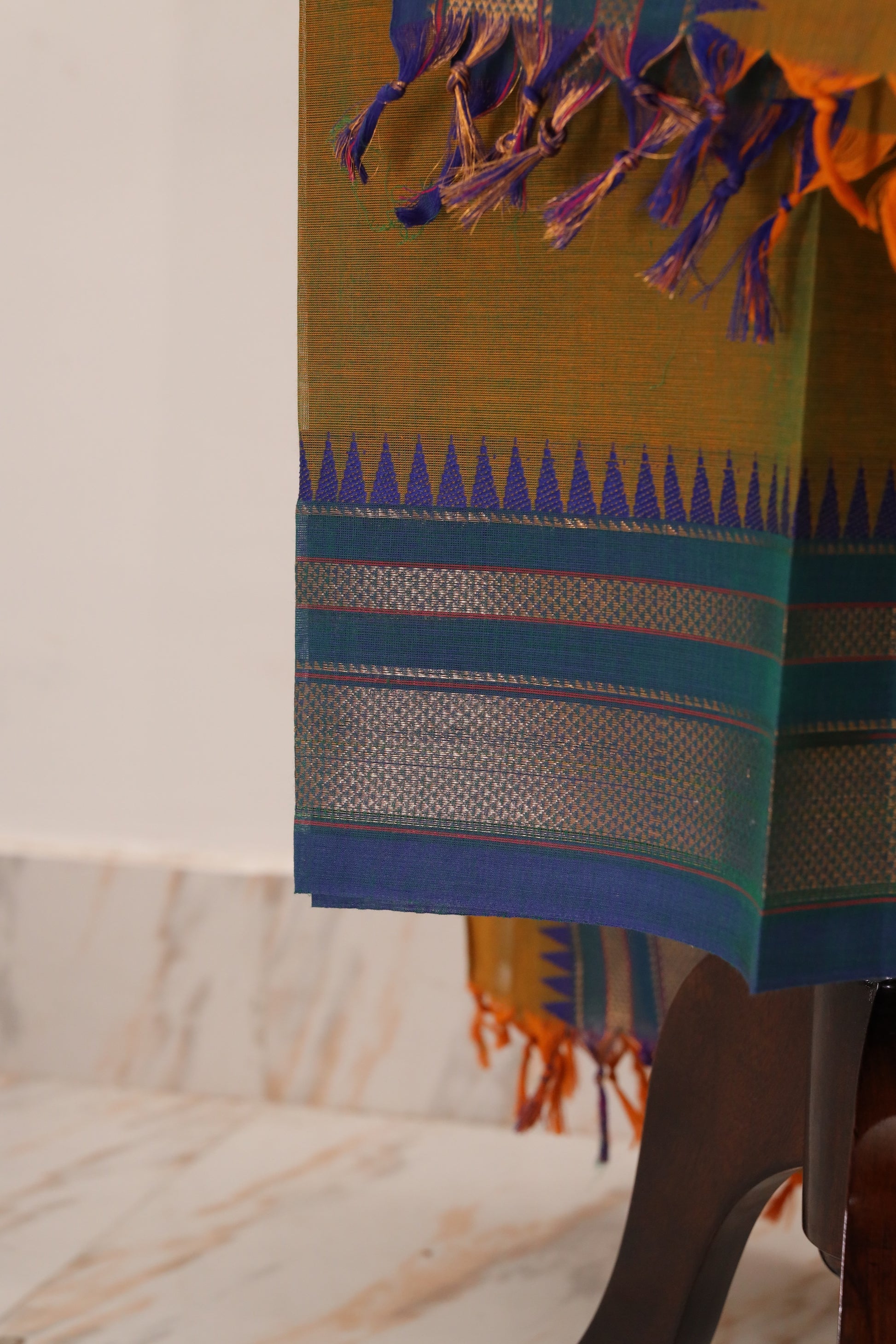 Greenish yellow with Skyblue color Border Chettinad Cotton Unstitched Salwar Suit - #NC094