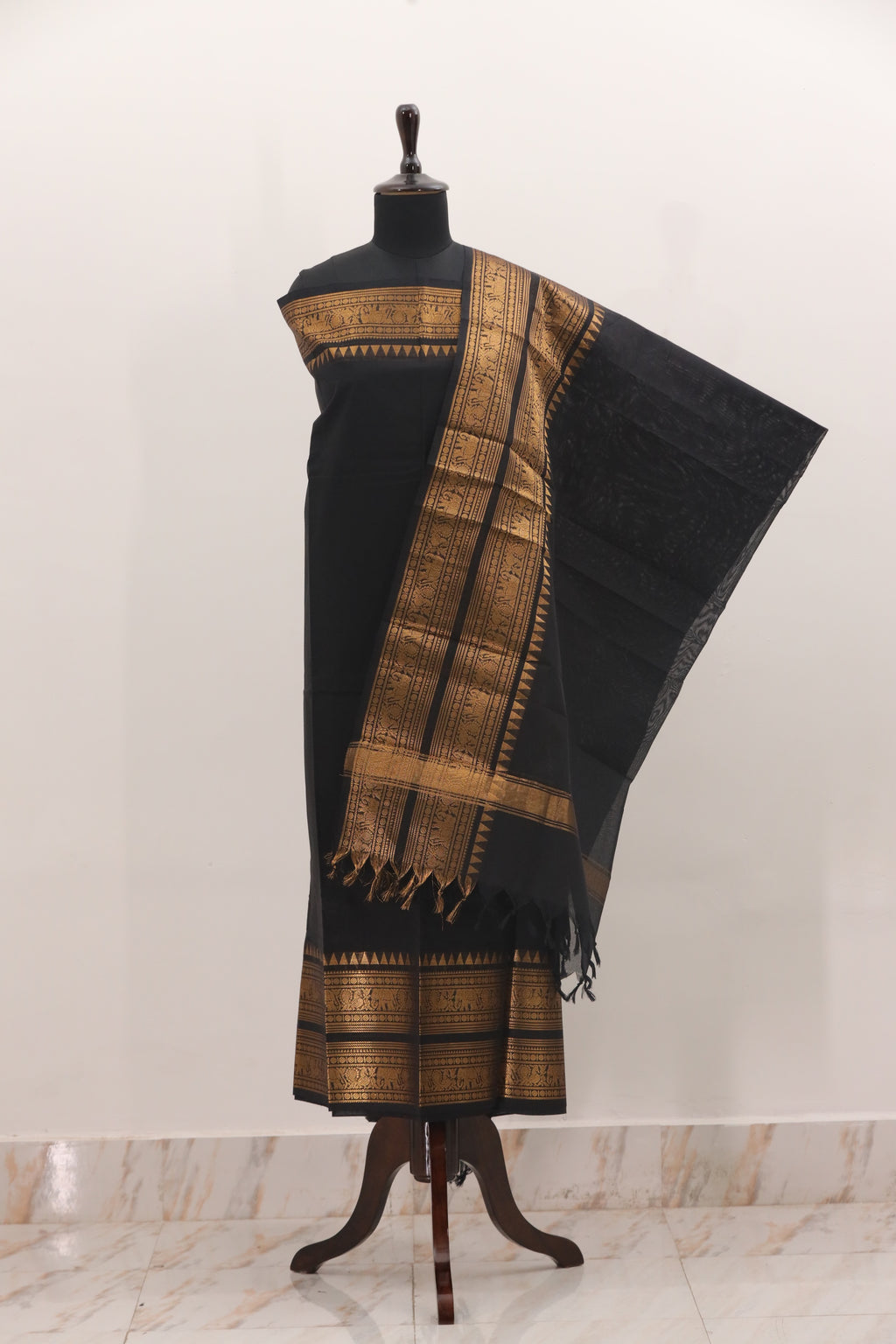 Black with Golden Border Chettinad Cotton Unstitched Salwar Suit - #NC0100