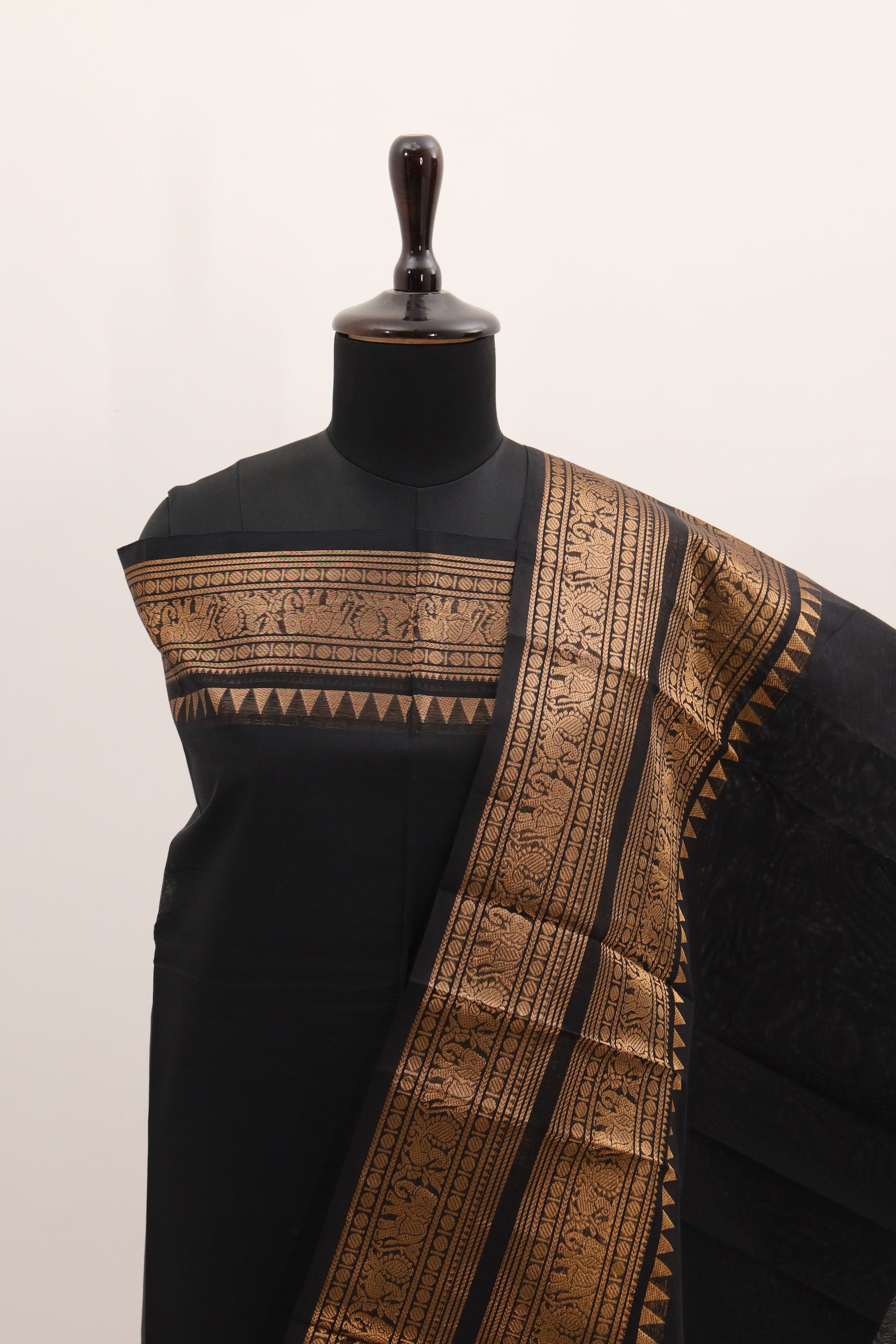 Black with Golden Border Chettinad Cotton Unstitched Salwar Suit - #NC0100