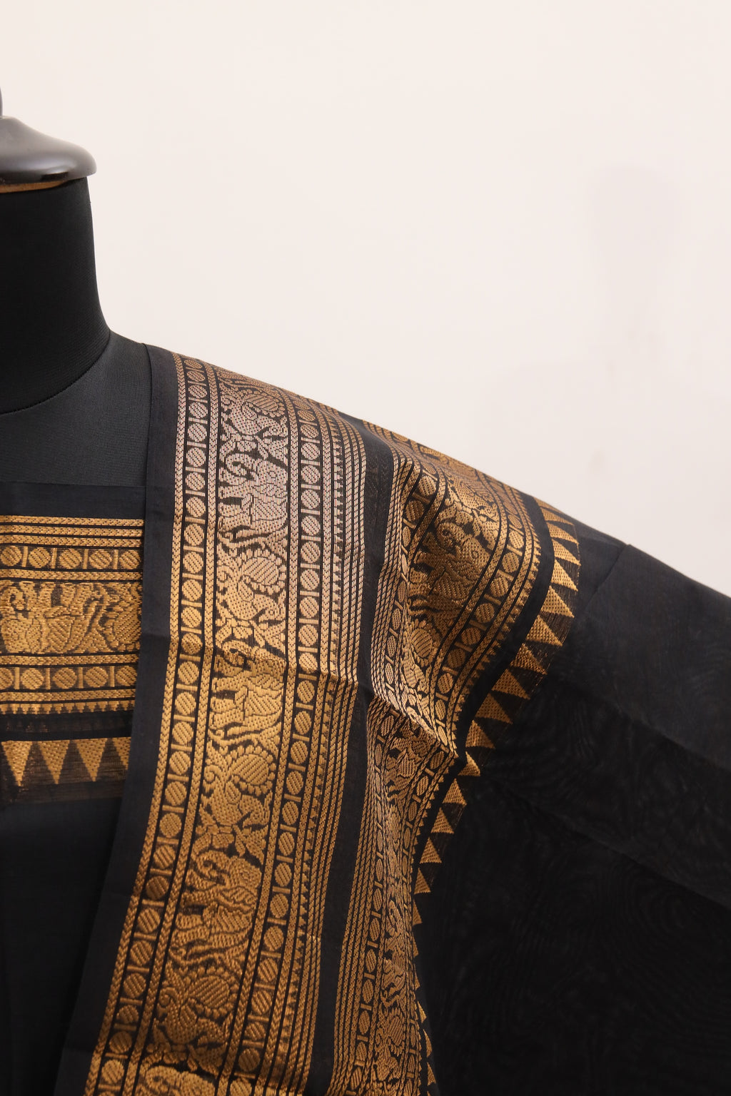 Black with Golden Border Chettinad Cotton Unstitched Salwar Suit - #NC0100