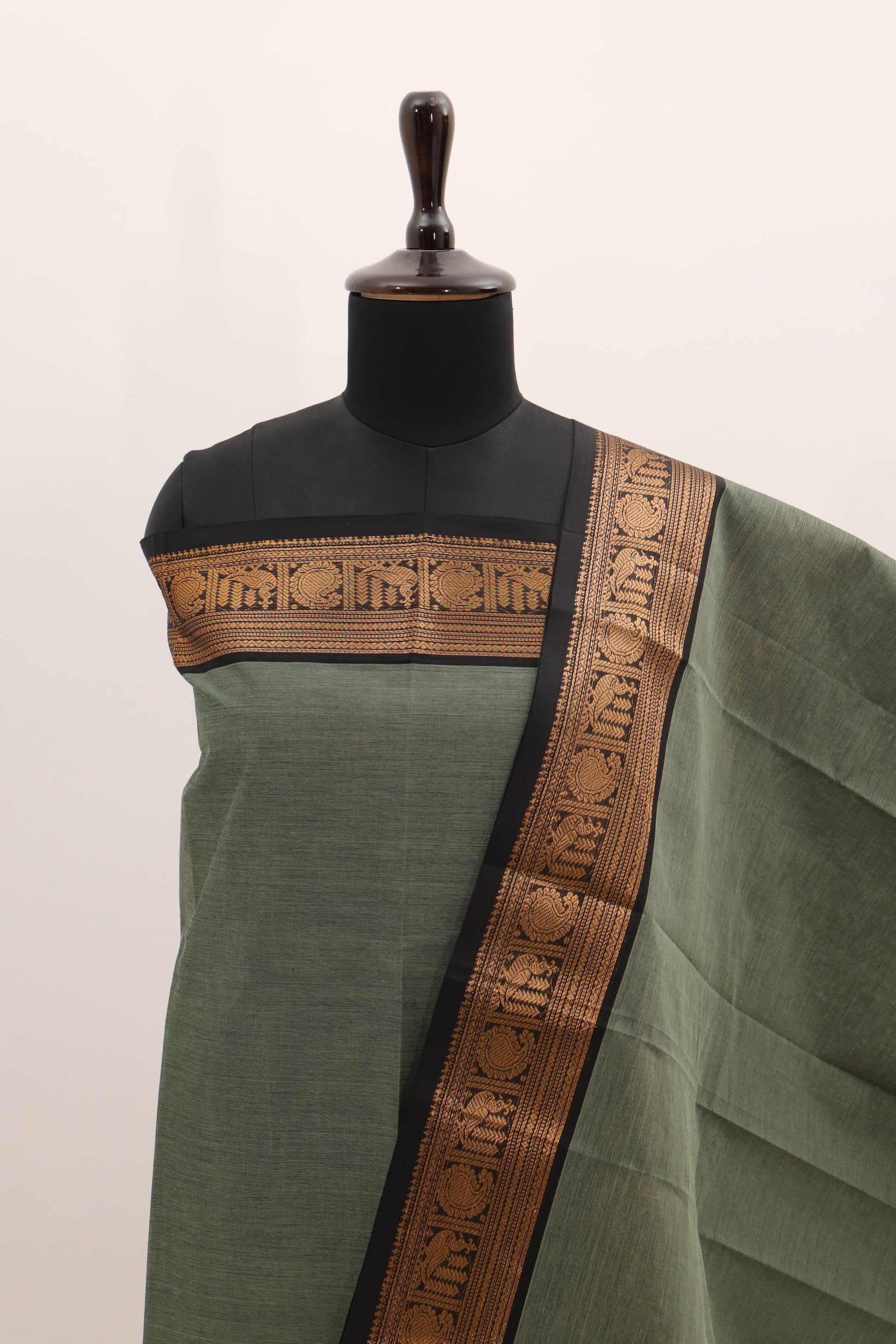 Grey with Golden Border Chettinad Cotton Unstitched Salwar Suit - #NC095