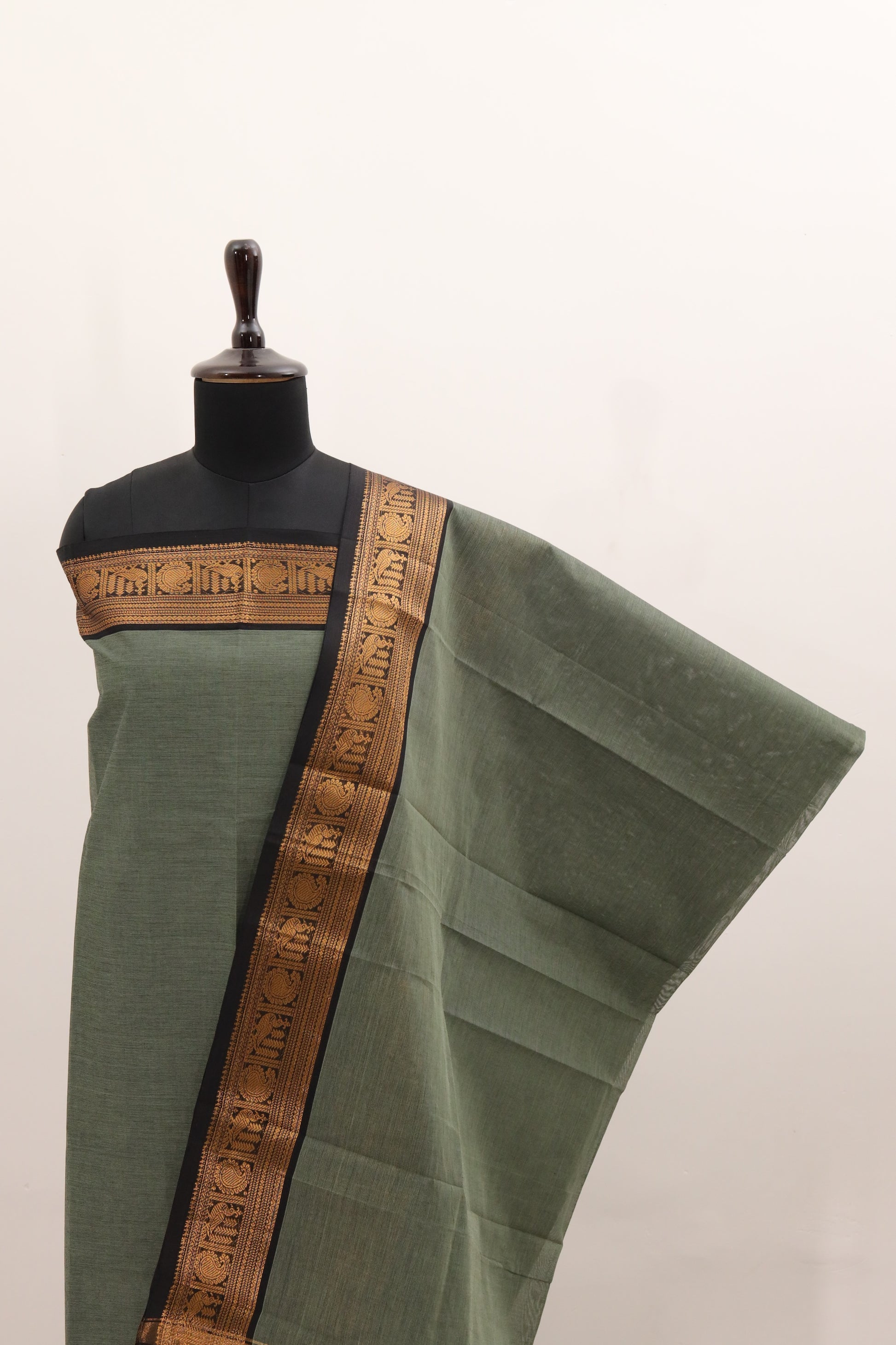 Grey with Golden Border Chettinad Cotton Unstitched Salwar Suit - #NC095