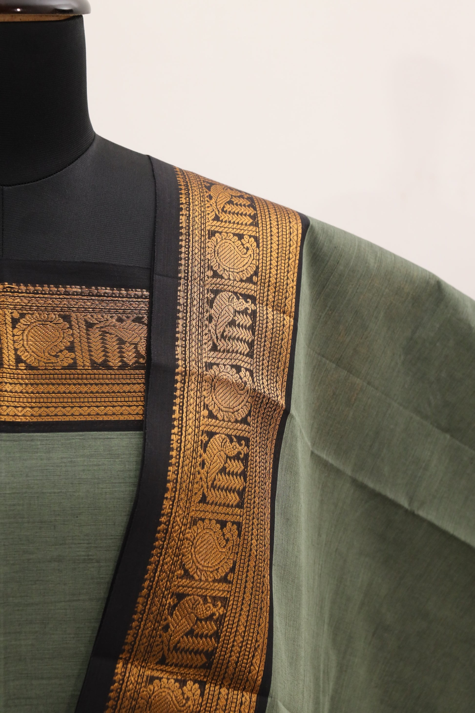 Grey with Golden Border Chettinad Cotton Unstitched Salwar Suit - #NC095