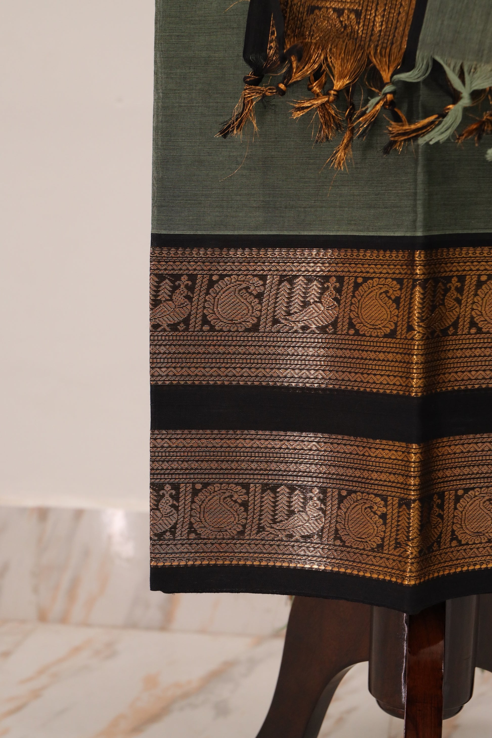 Grey with Golden Border Chettinad Cotton Unstitched Salwar Suit - #NC095