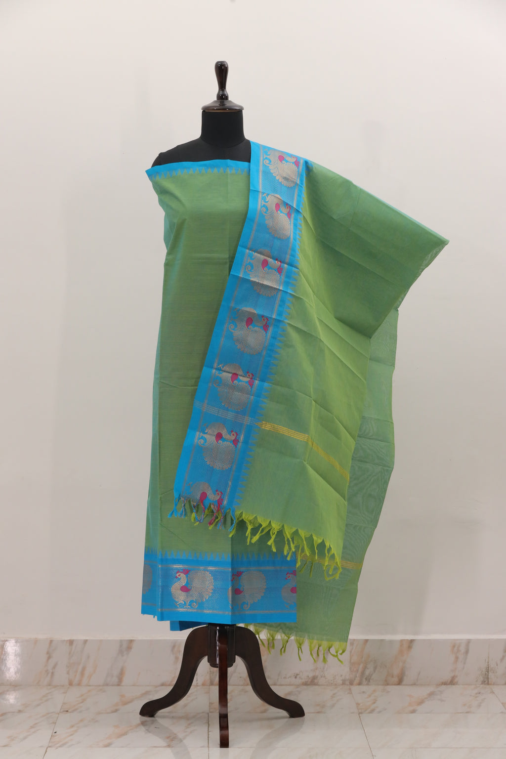 Green with Blue Border Chettinad Cotton Unstitched Salwar Suit - #NC096