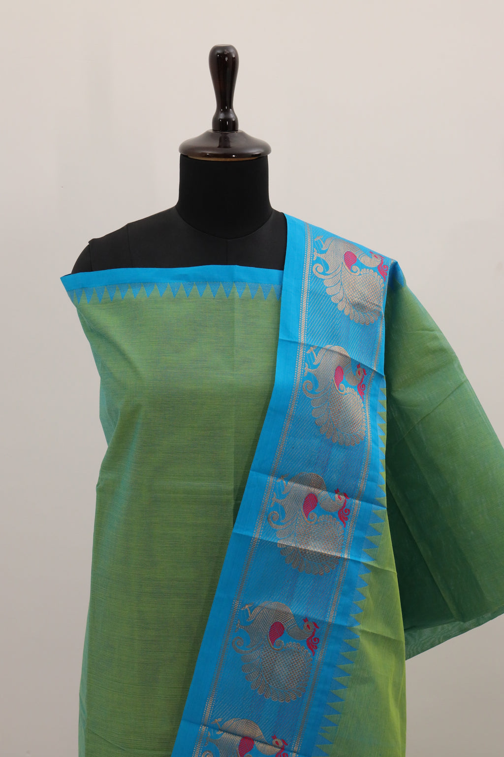 Green with Blue Border Chettinad Cotton Unstitched Salwar Suit - #NC096