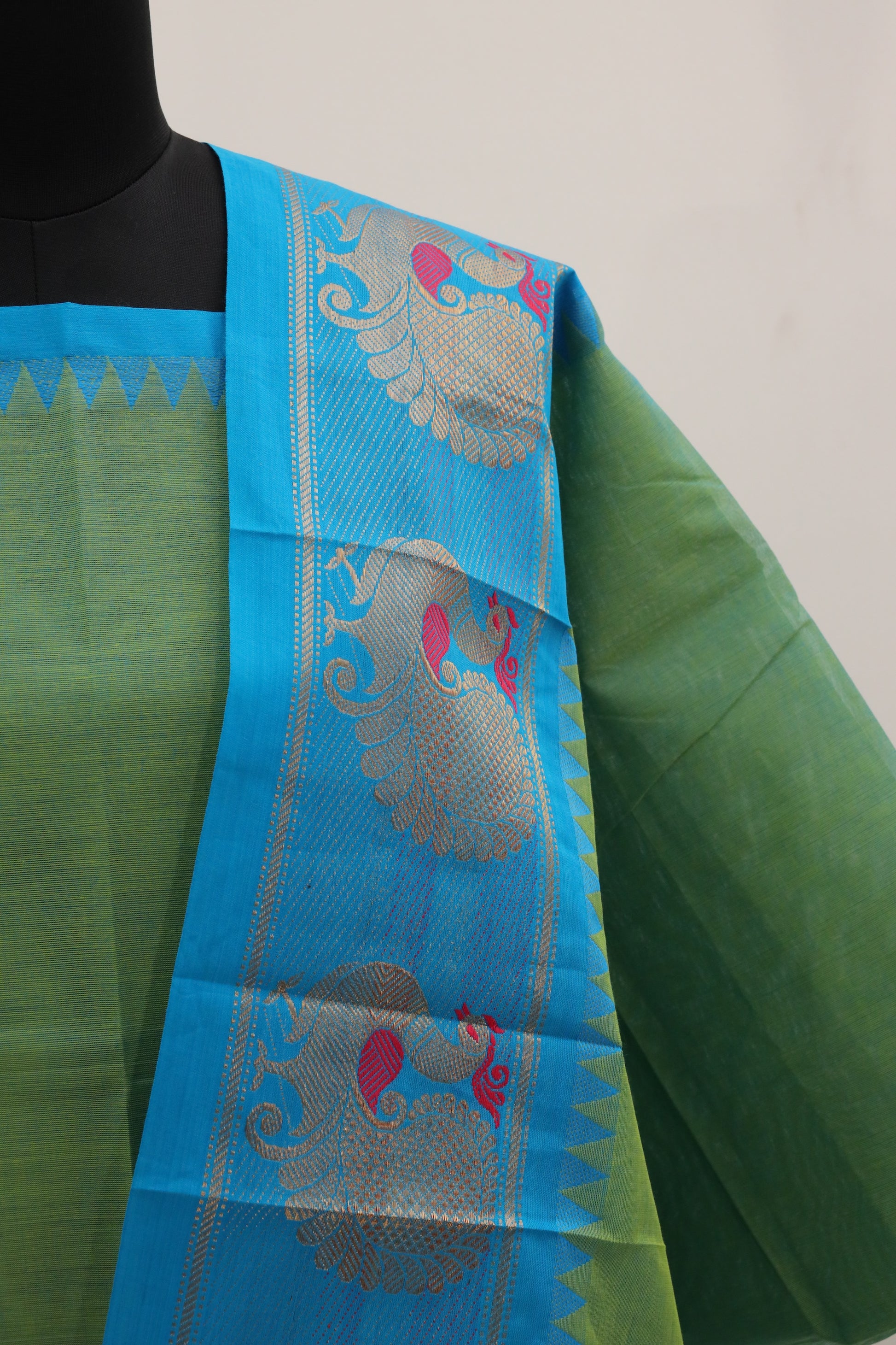 Green with Blue Border Chettinad Cotton Unstitched Salwar Suit - #NC096
