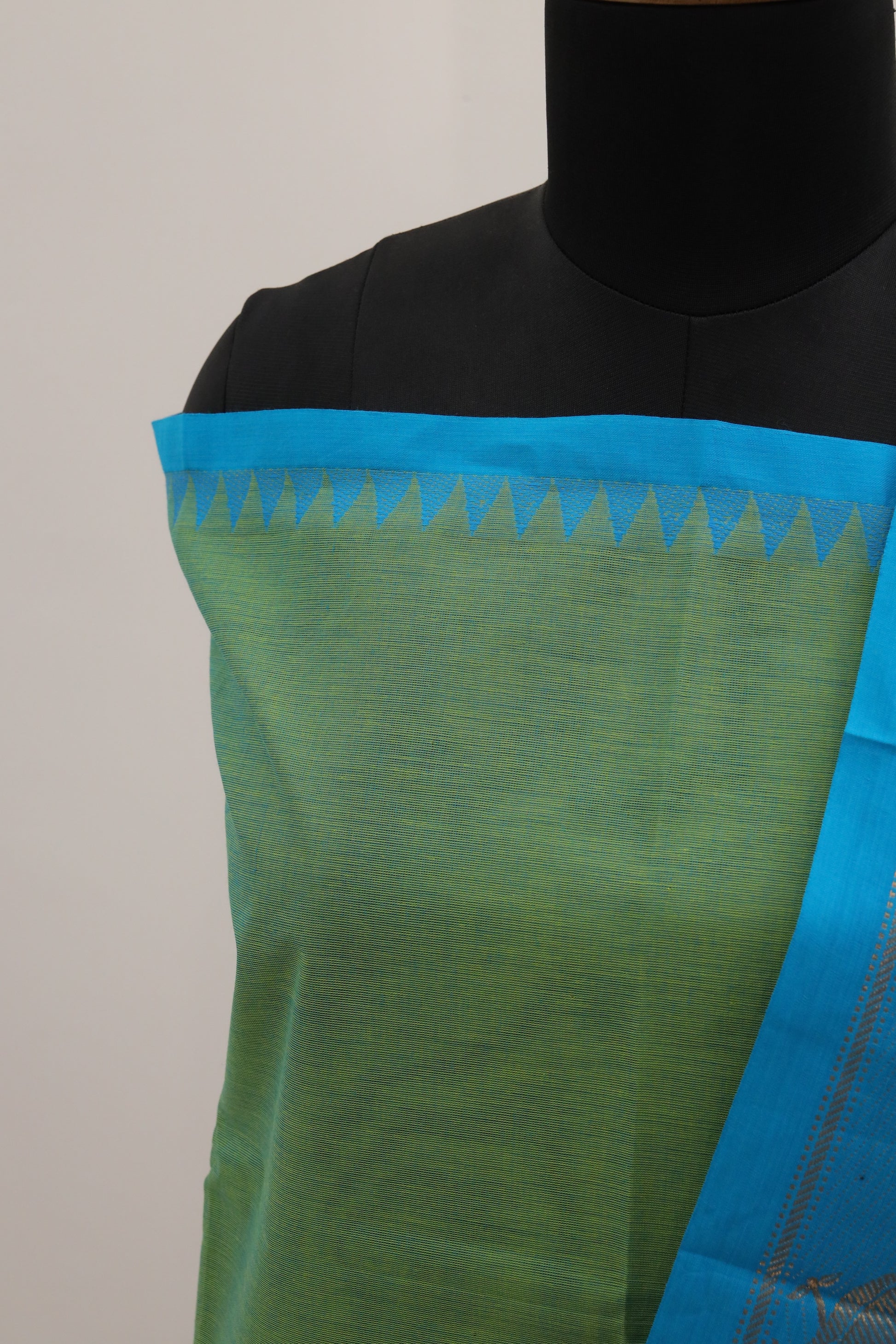 Green with Blue Border Chettinad Cotton Unstitched Salwar Suit - #NC096