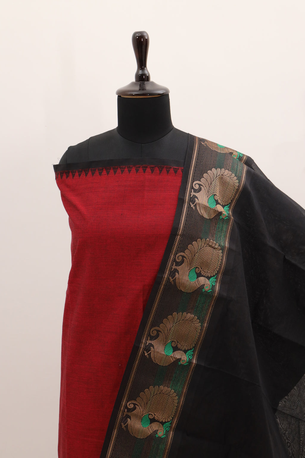 Red with Black Border Chettinad Cotton Unstitched Salwar Suit - #NC097