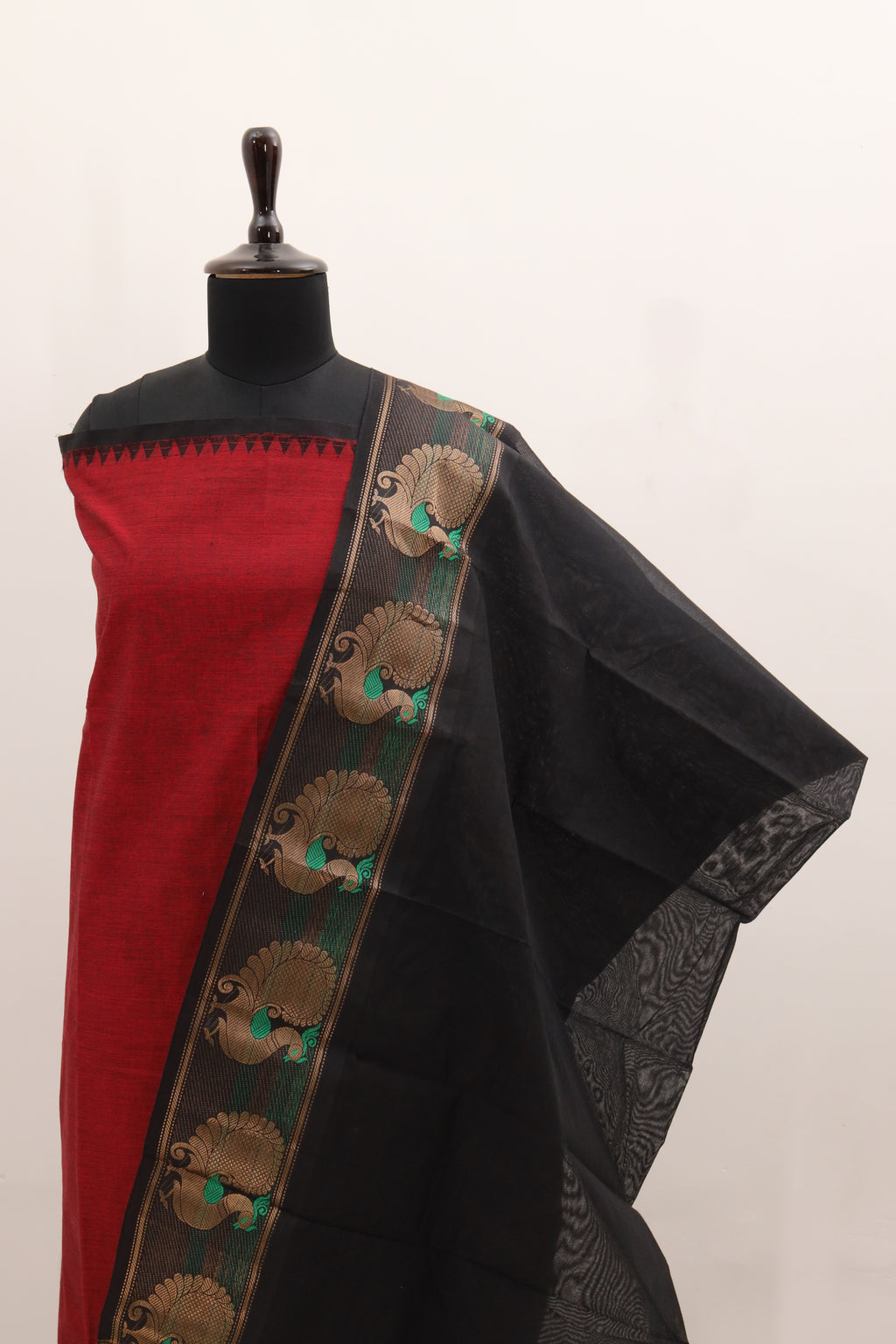 Red with Black Border Chettinad Cotton Unstitched Salwar Suit - #NC097