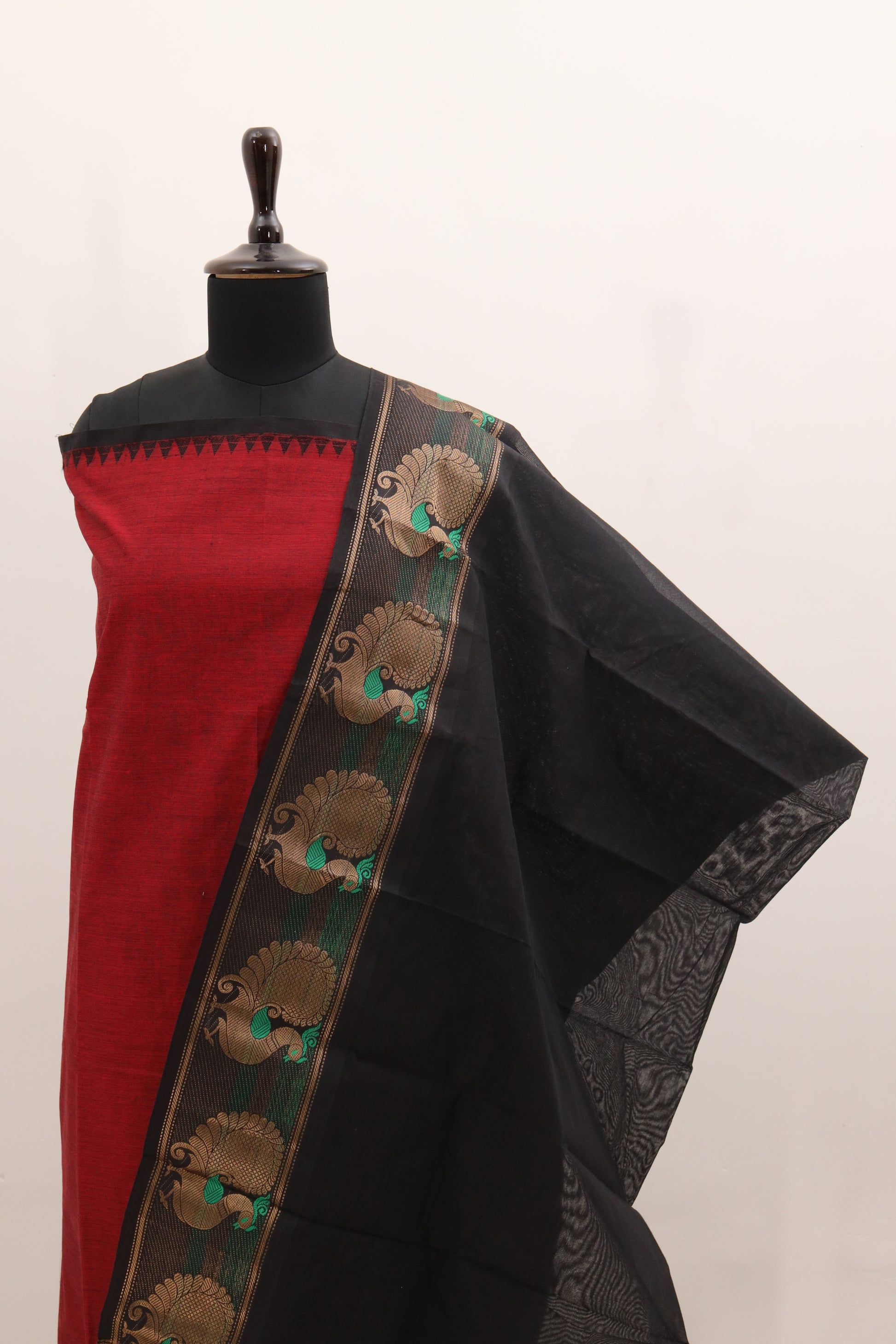 Red with Black Border Chettinad Cotton Unstitched Salwar Suit - #NC097