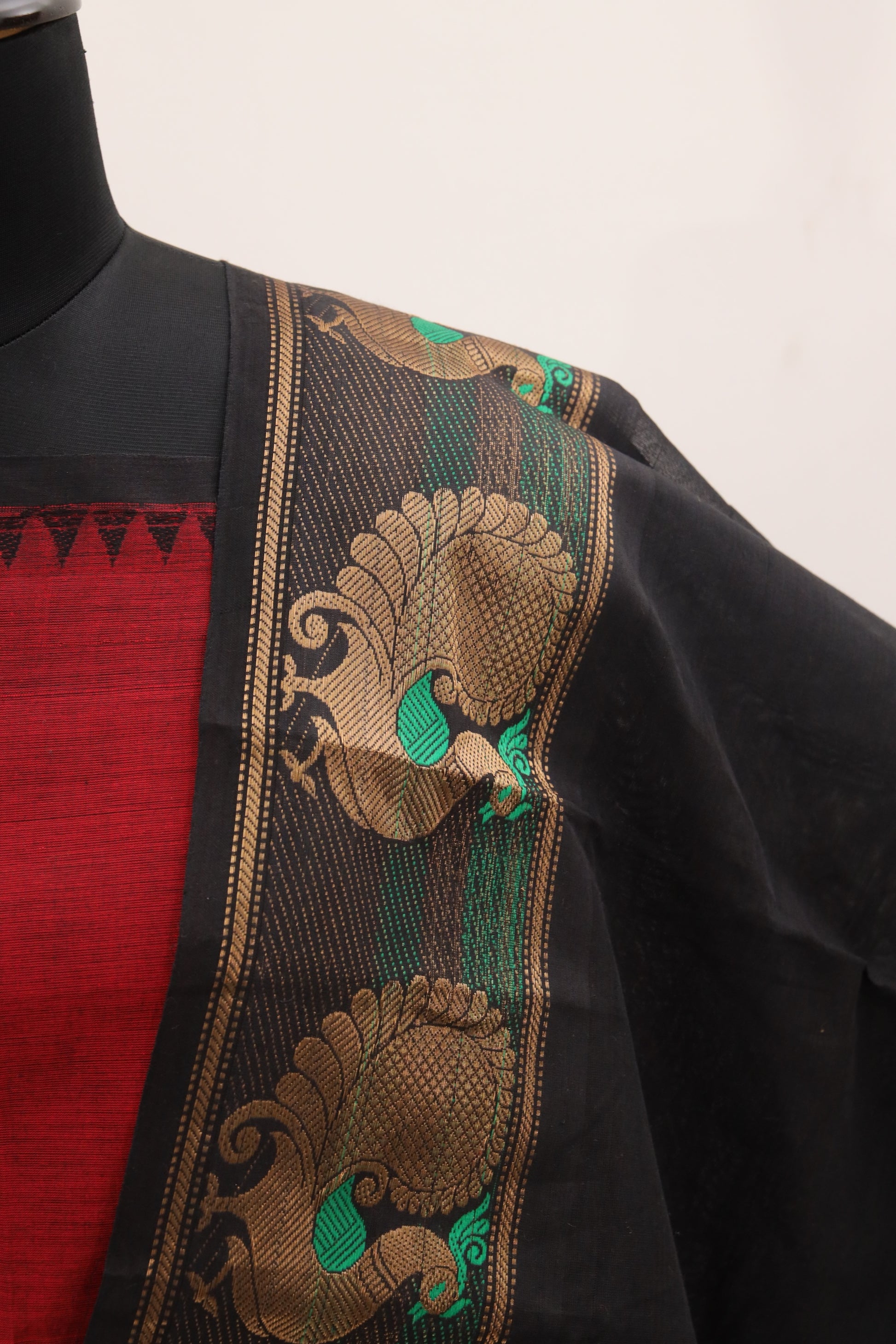 Red with Black Border Chettinad Cotton Unstitched Salwar Suit - #NC097