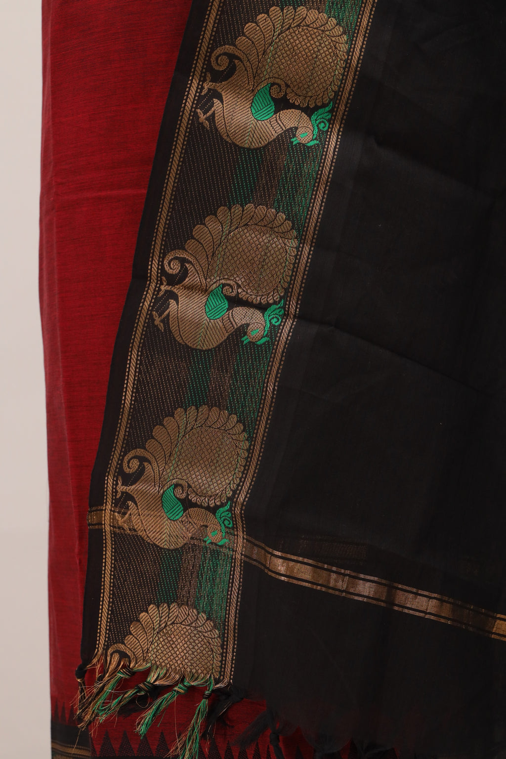 Red with Black Border Chettinad Cotton Unstitched Salwar Suit - #NC097