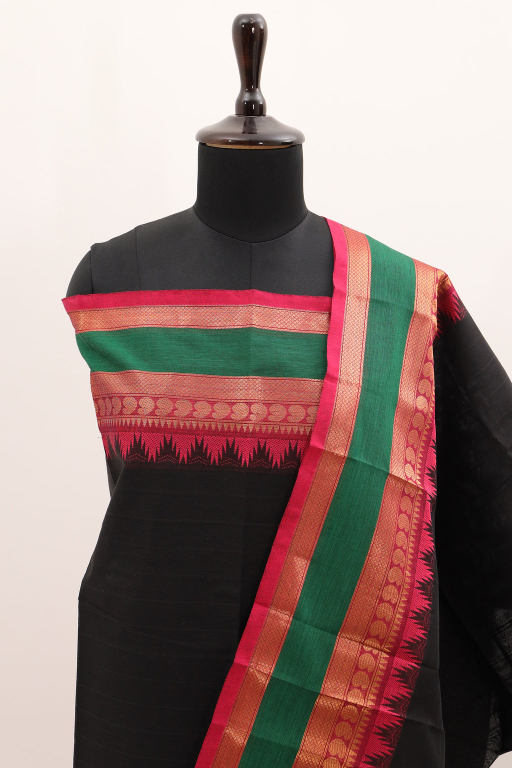 Black with Multi color Border Chettinad Cotton Unstitched Salwar Suit - #NC098