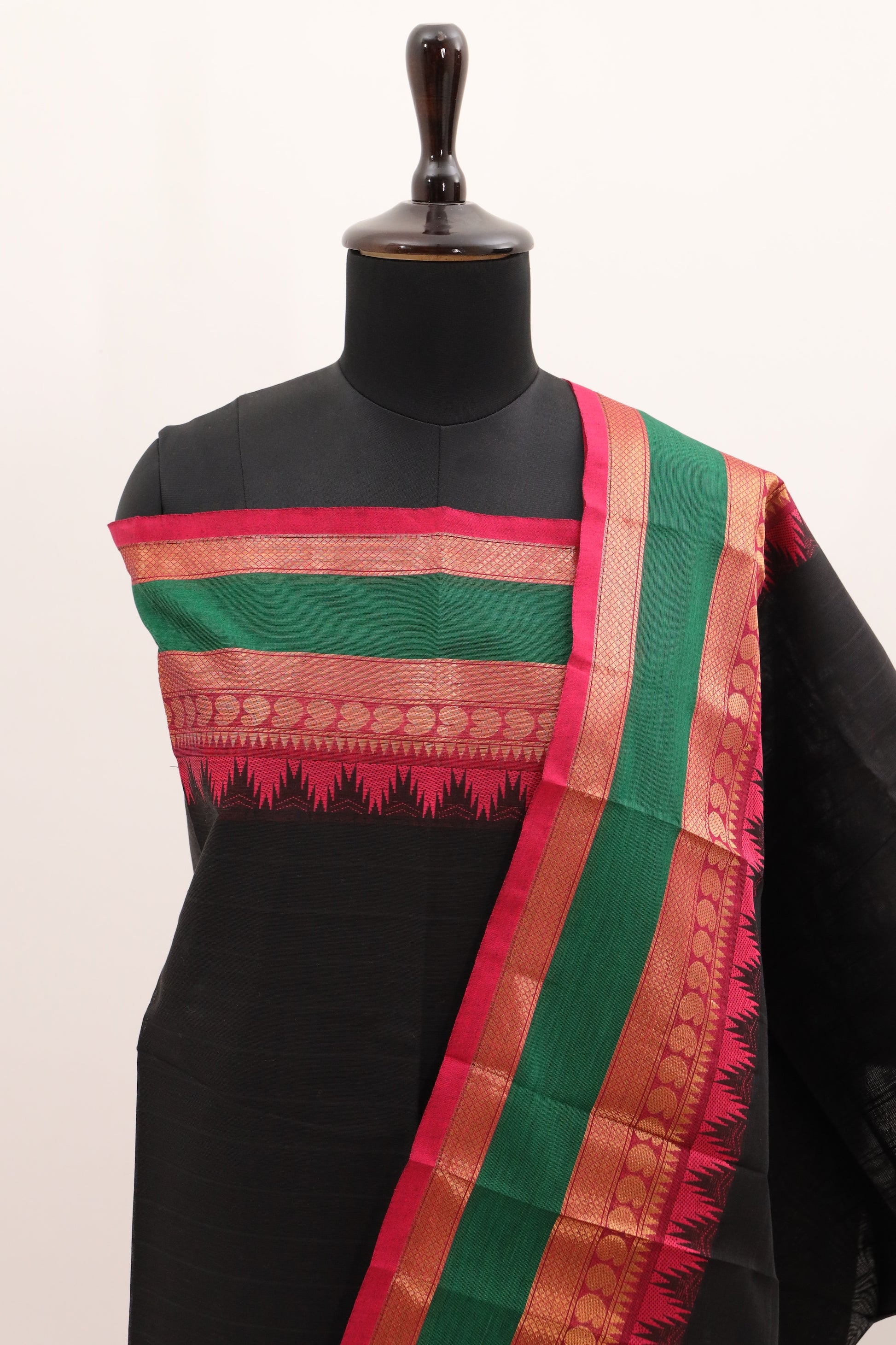 Black with Multi color Border Chettinad Cotton Unstitched Salwar Suit - #NC098