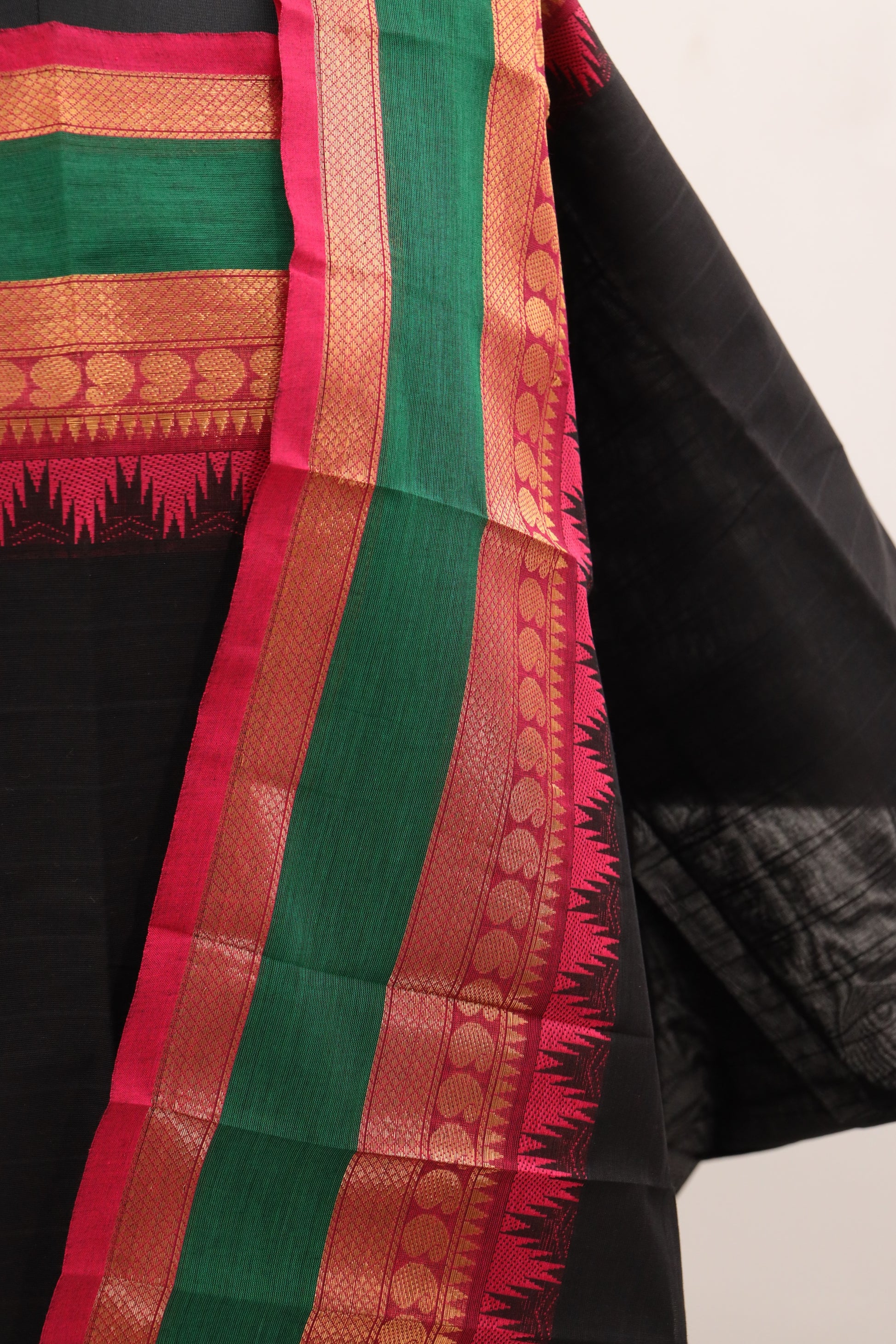 Black with Multi color Border Chettinad Cotton Unstitched Salwar Suit - #NC098