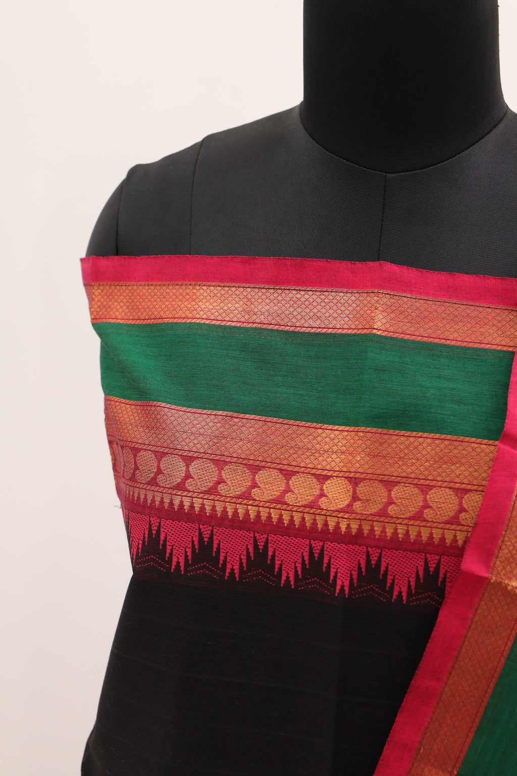 Black with Multi color Border Chettinad Cotton Unstitched Salwar Suit - #NC098