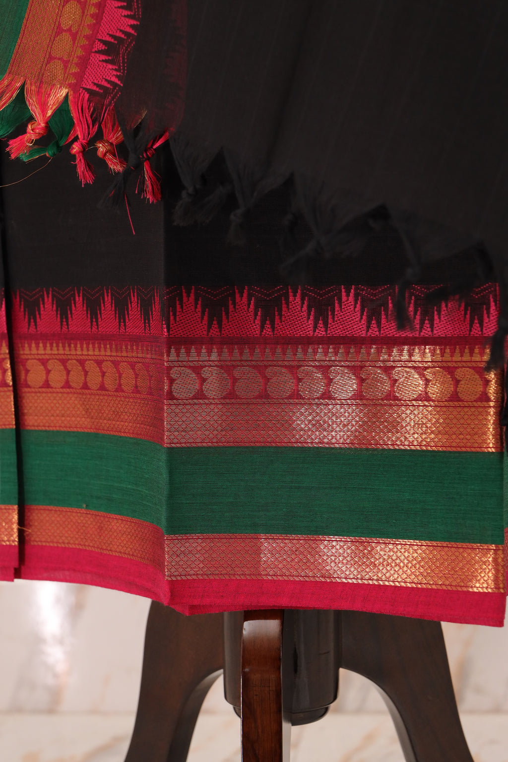 Black with Multi color Border Chettinad Cotton Unstitched Salwar Suit - #NC098