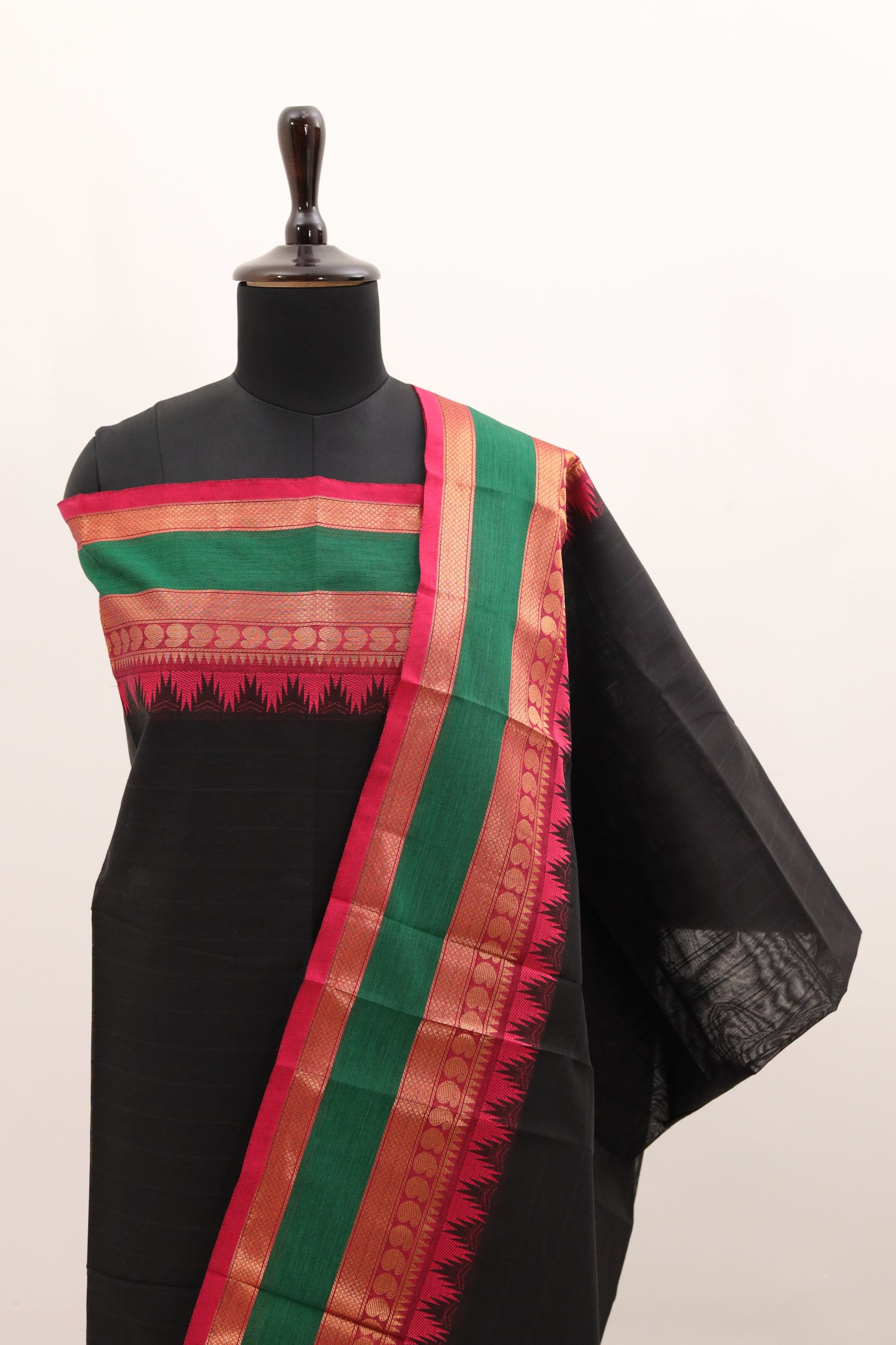 Black with Multi color Border Chettinad Cotton Unstitched Salwar Suit - #NC098