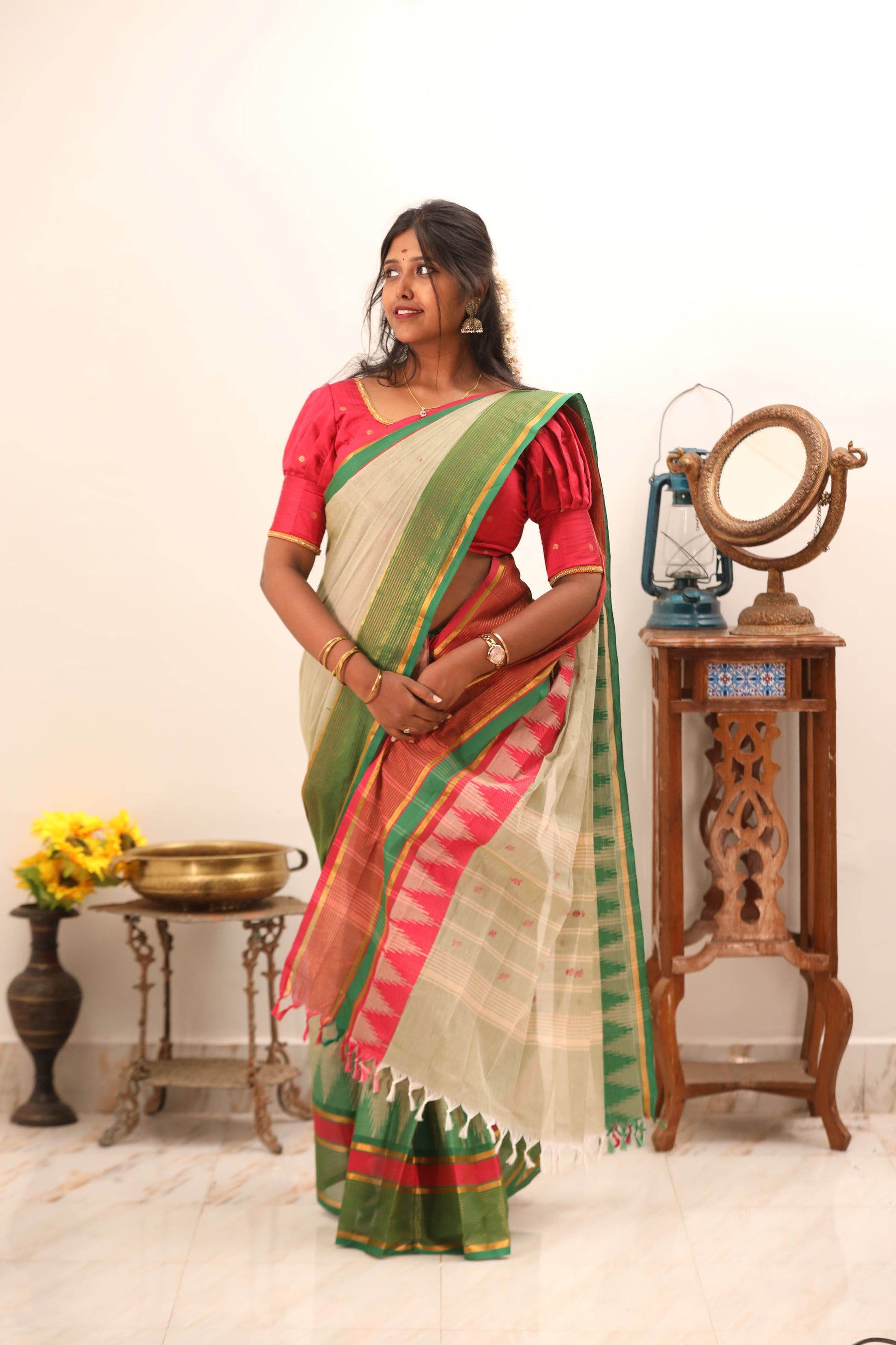 Beige with Green & Pink Border Chettinad Cotton Saree -#NS018