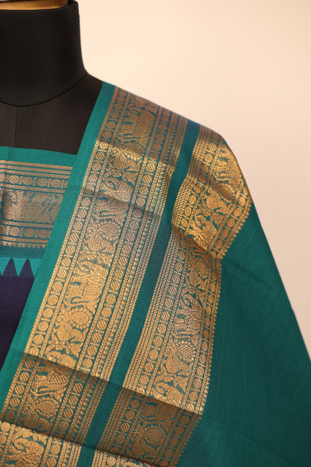 Navy Blue with Golden Border Chettinad Cotton Unstitched Salwar Suit - NC144