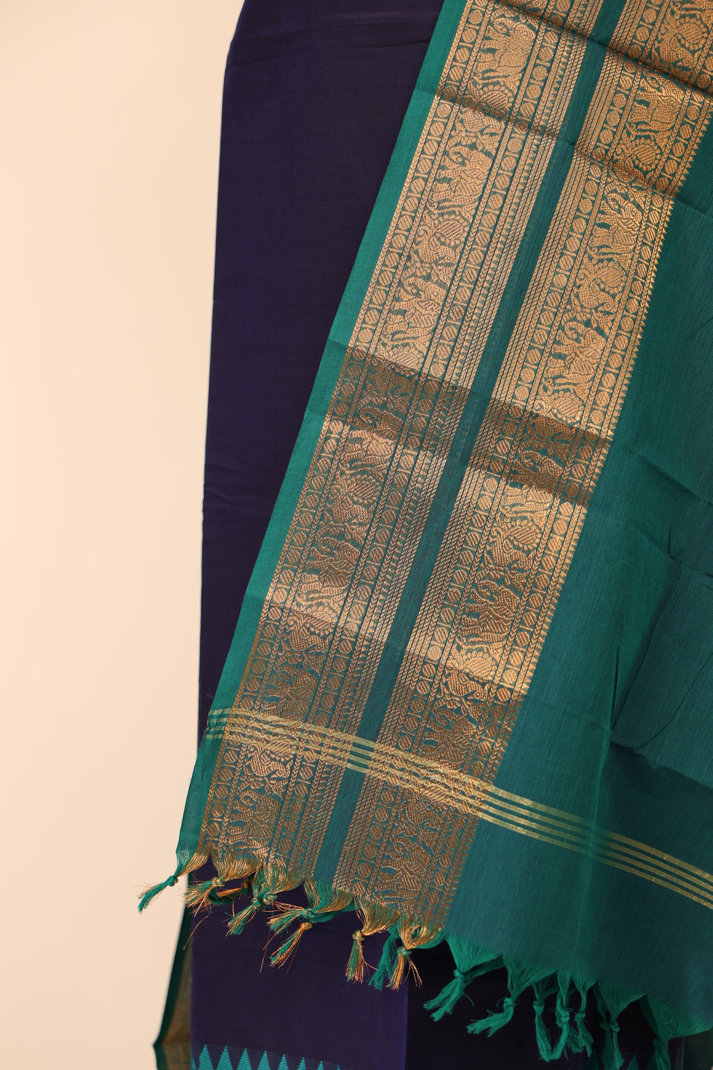 Navy Blue with Golden Border Chettinad Cotton Unstitched Salwar Suit - NC144