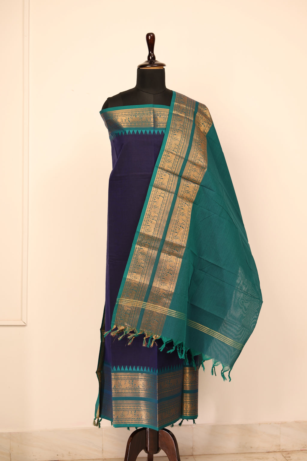 Navy Blue with Golden Border Chettinad Cotton Unstitched Salwar Suit - NC144