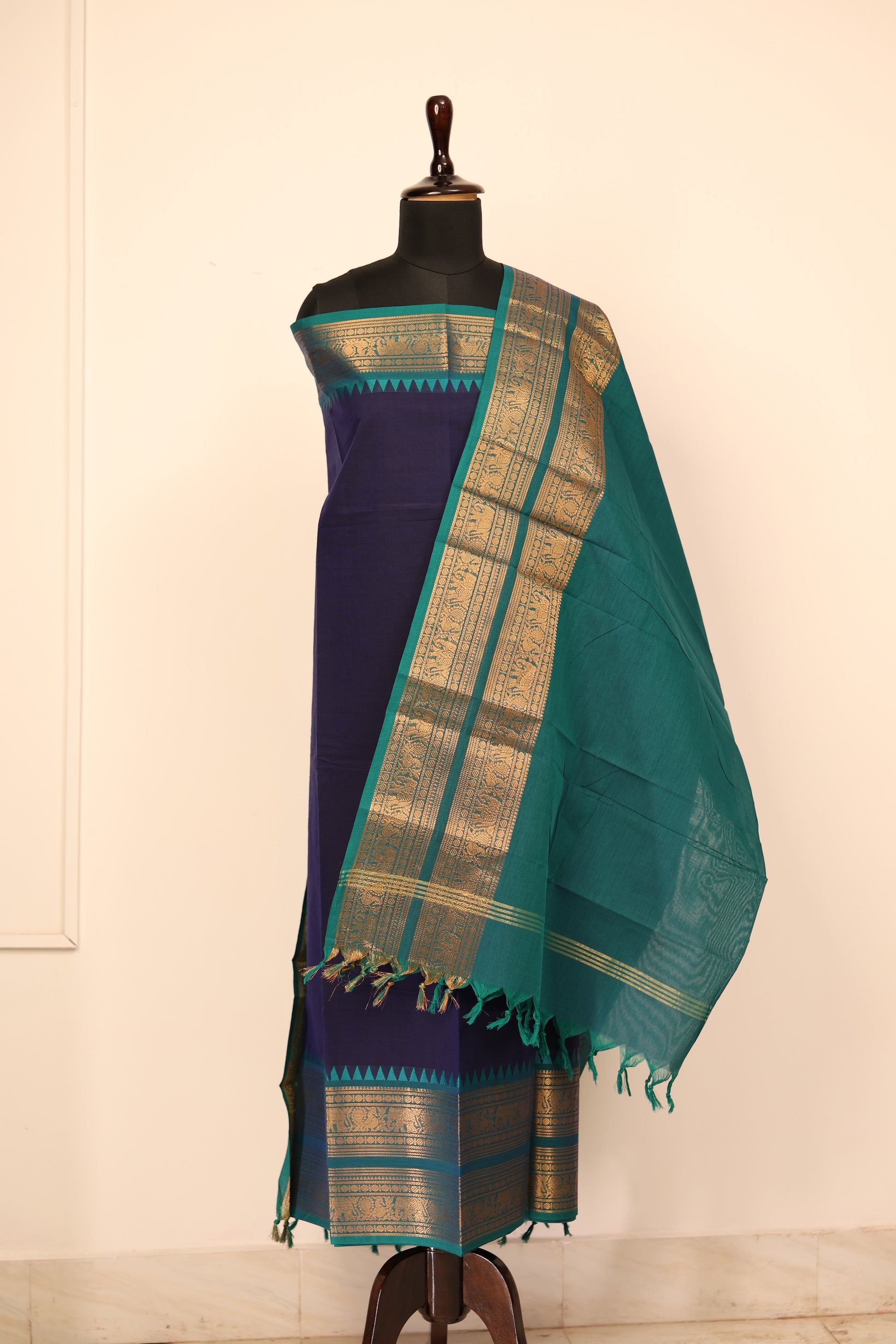 Navy Blue with Golden Border Chettinad Cotton Unstitched Salwar Suit - NC144